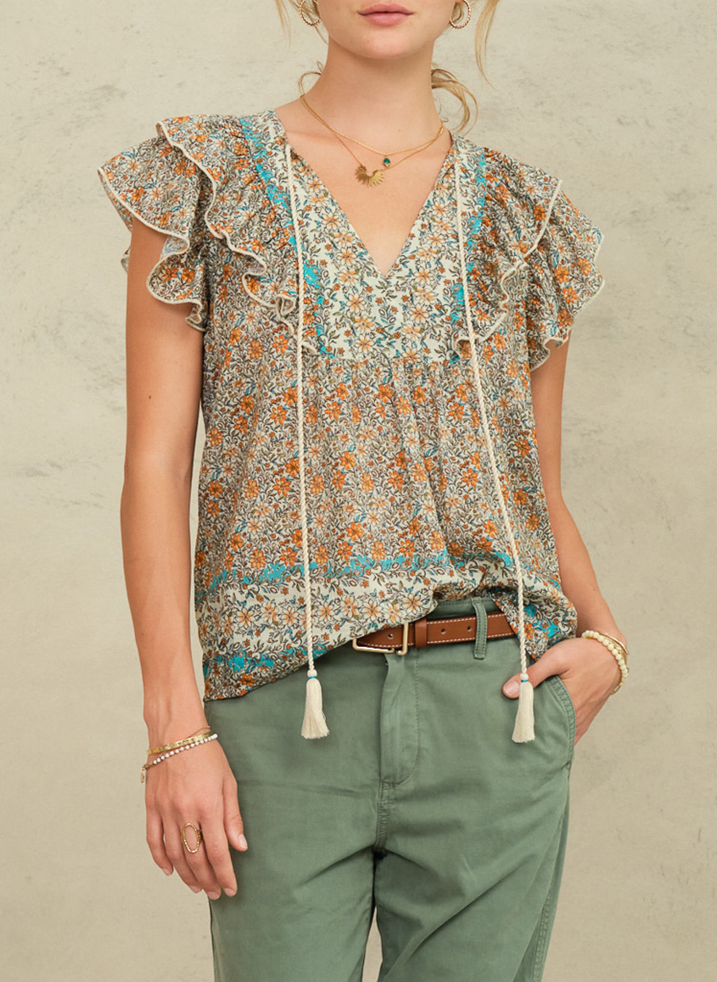 Top droit col V en coton imprimé M.A.B.E Multicolore