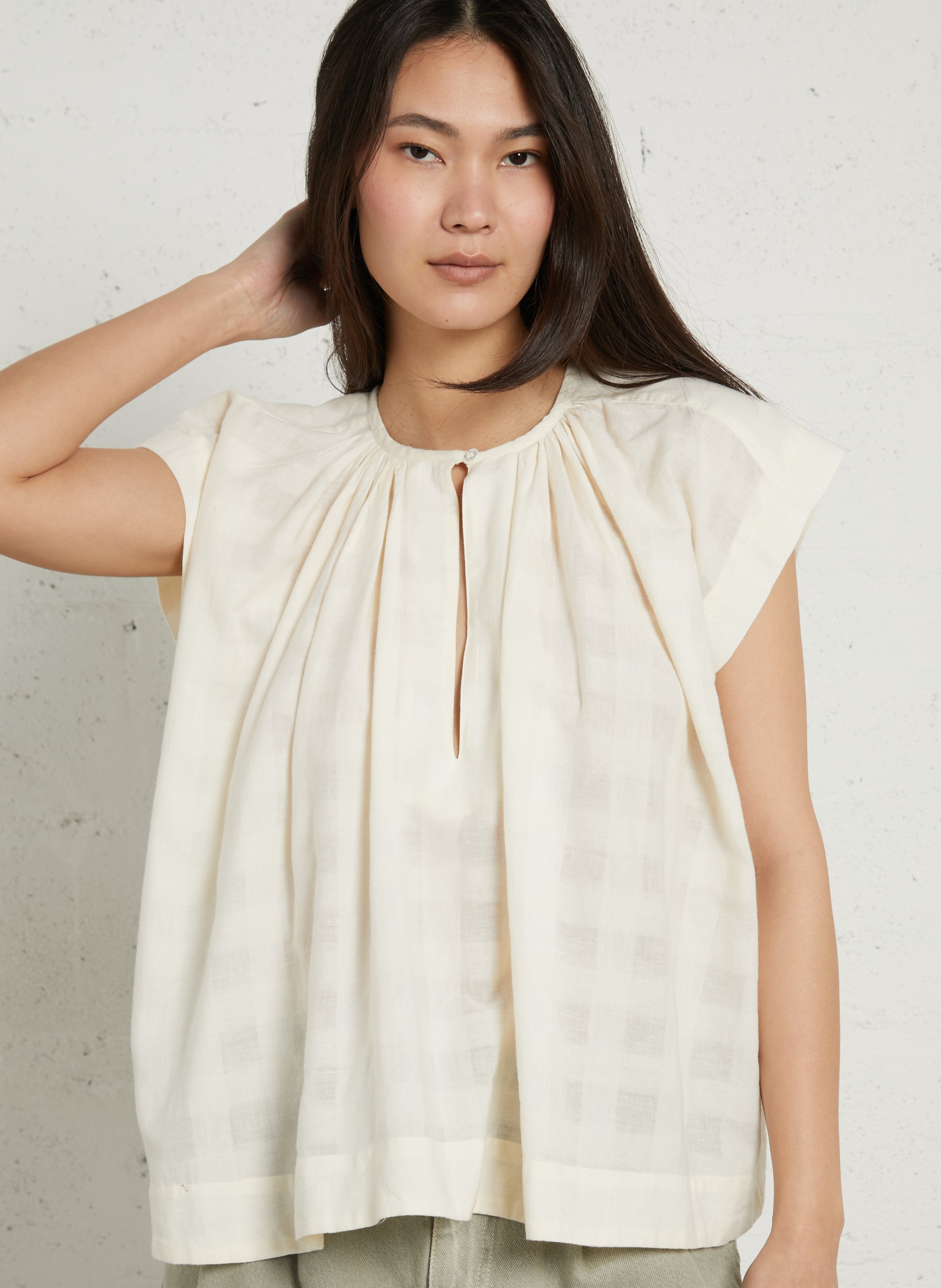 Blouse ample sans manches à carreaux BELLEPIECE Beige