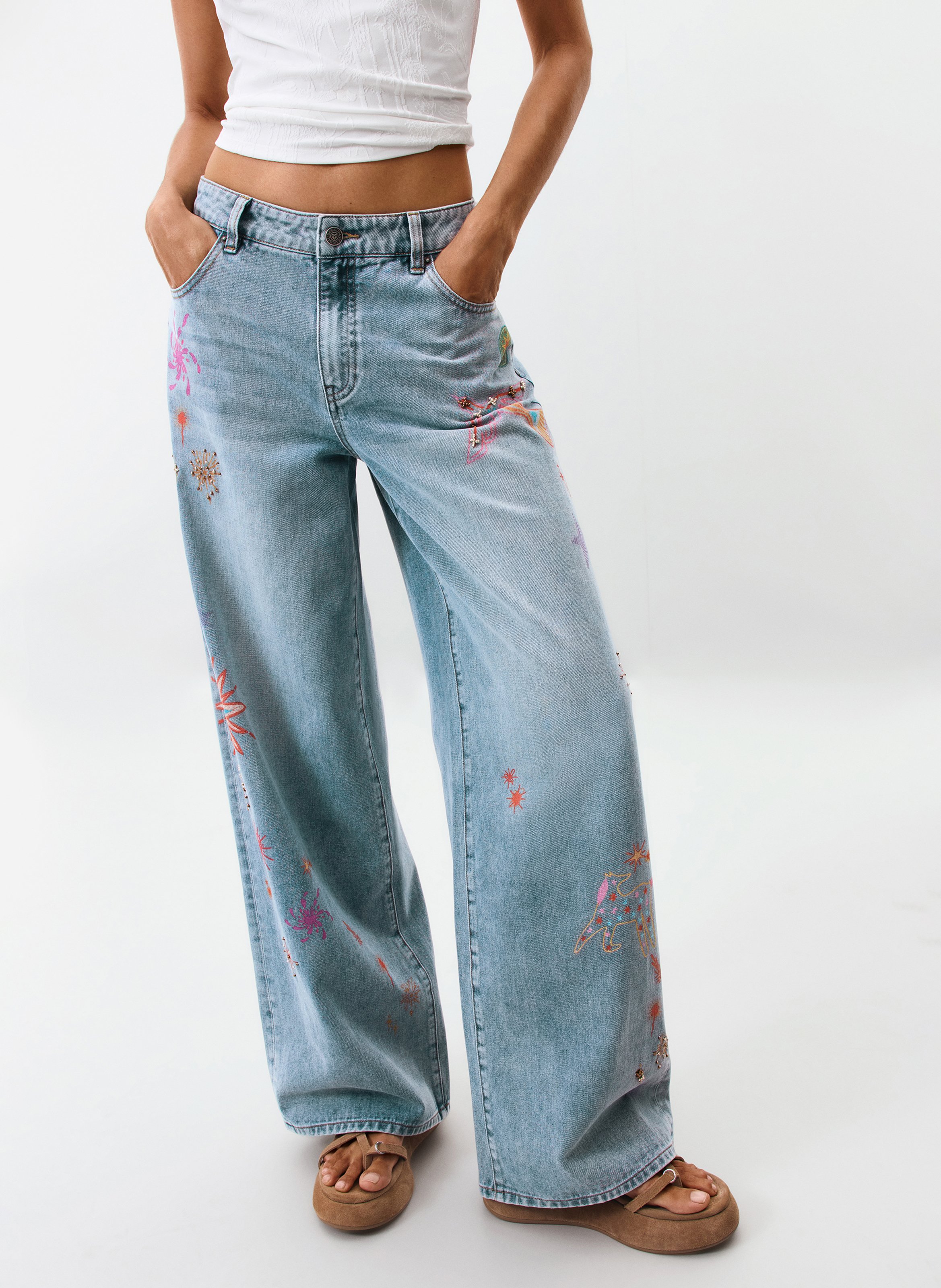 Jean large en coton mélangé brodé DESIGUAL Bleu