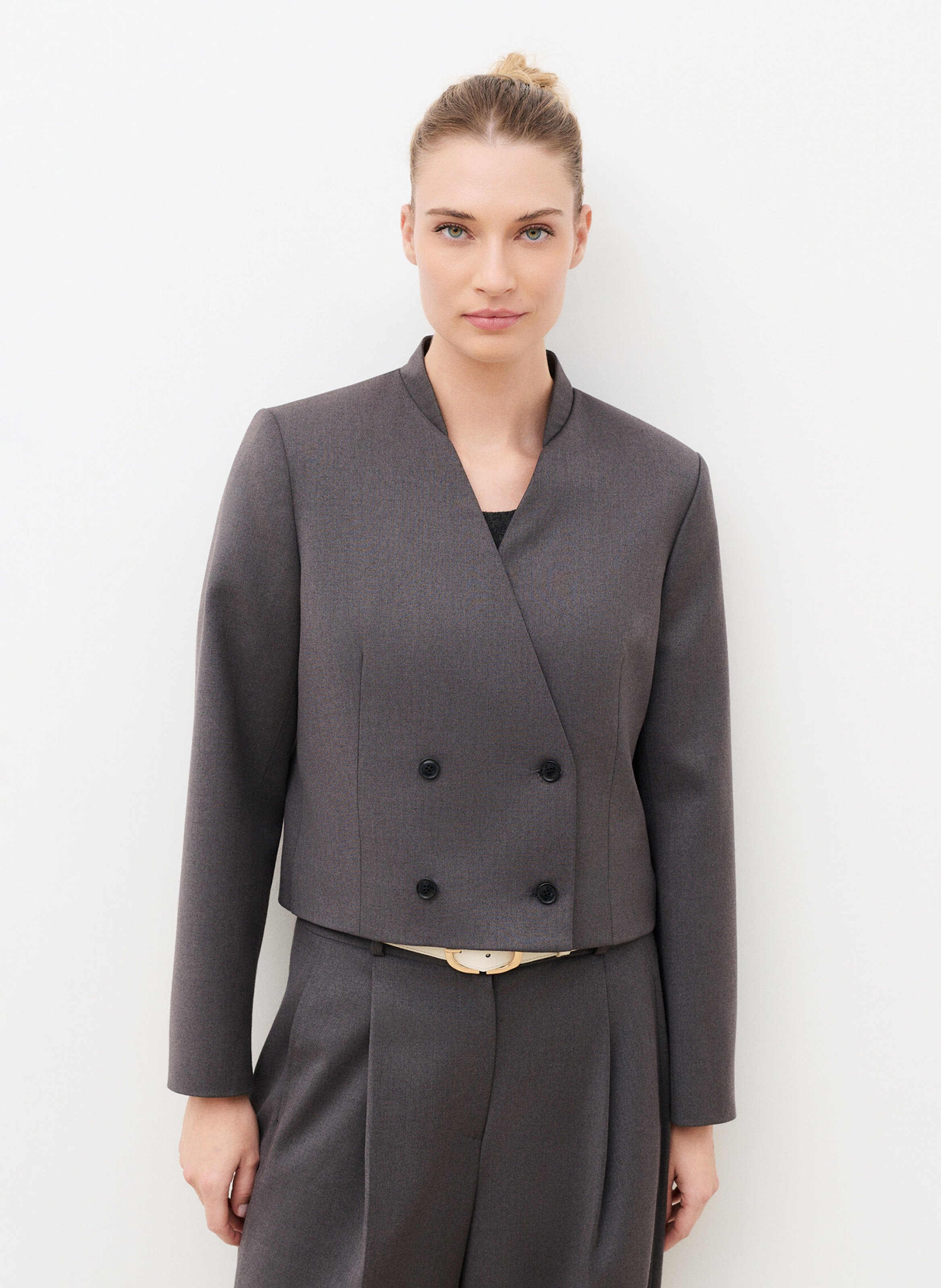 Plain cropped tailored jacket CAROLL Grey