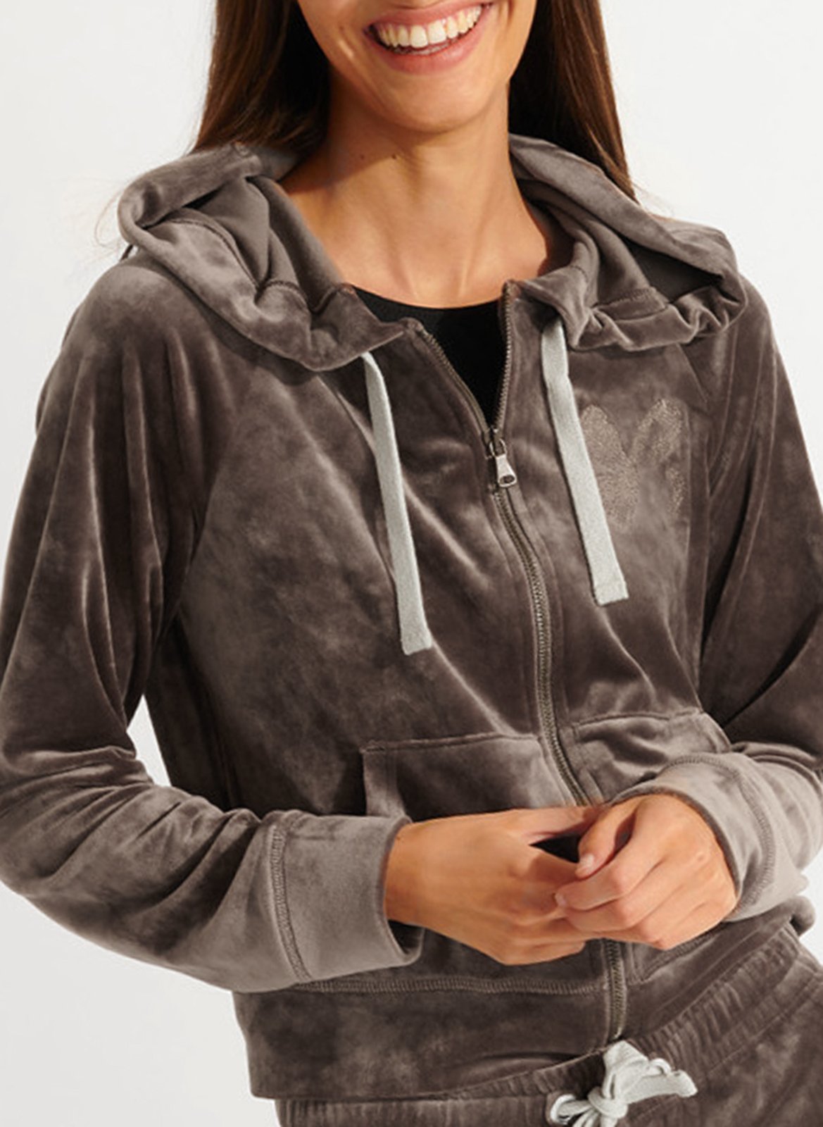 Straight velvet cardigan with hood BANANA MOON Brown