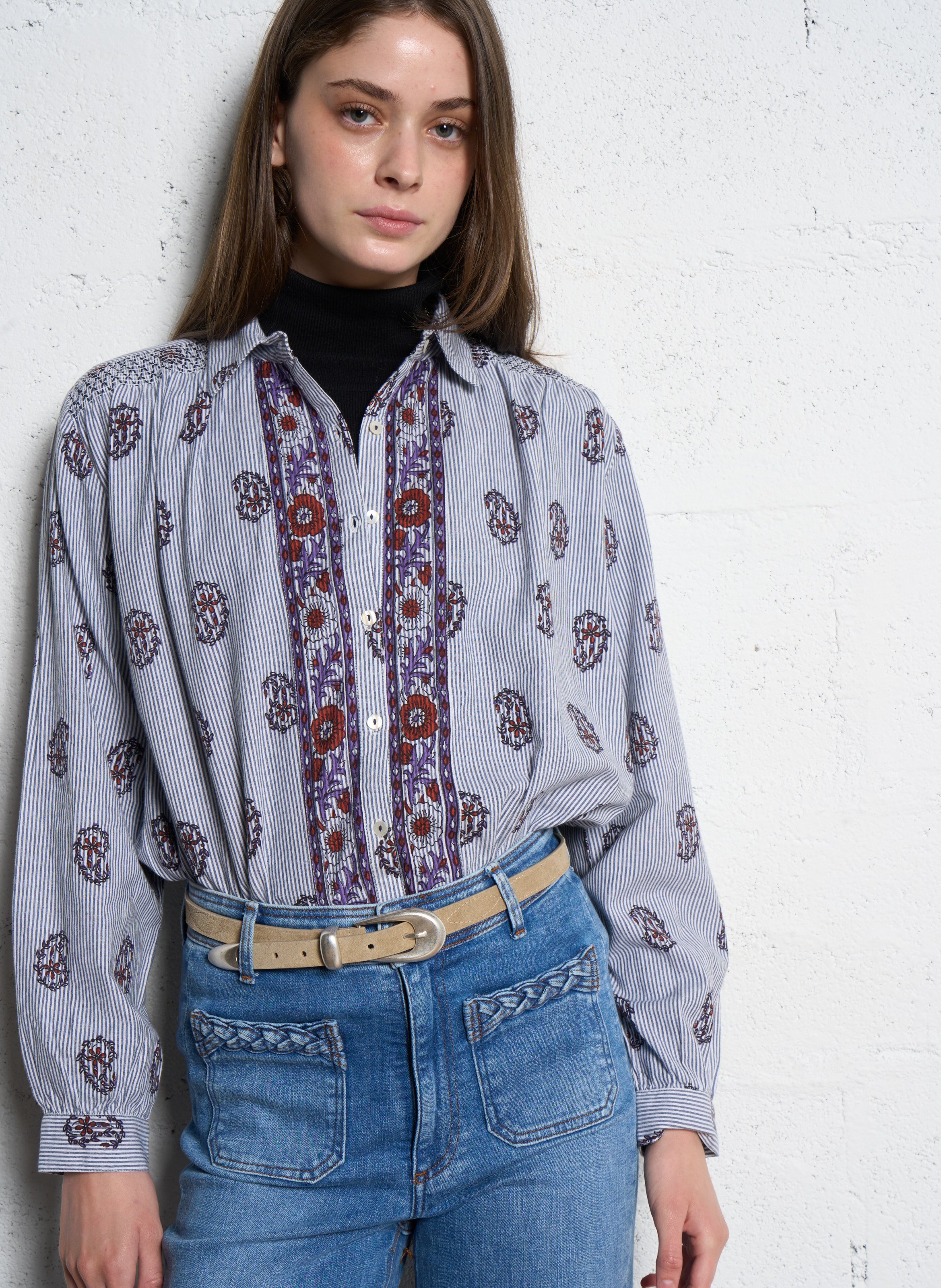 Chemise col classique manches contrastantes en coton MAISON HOTEL Blue