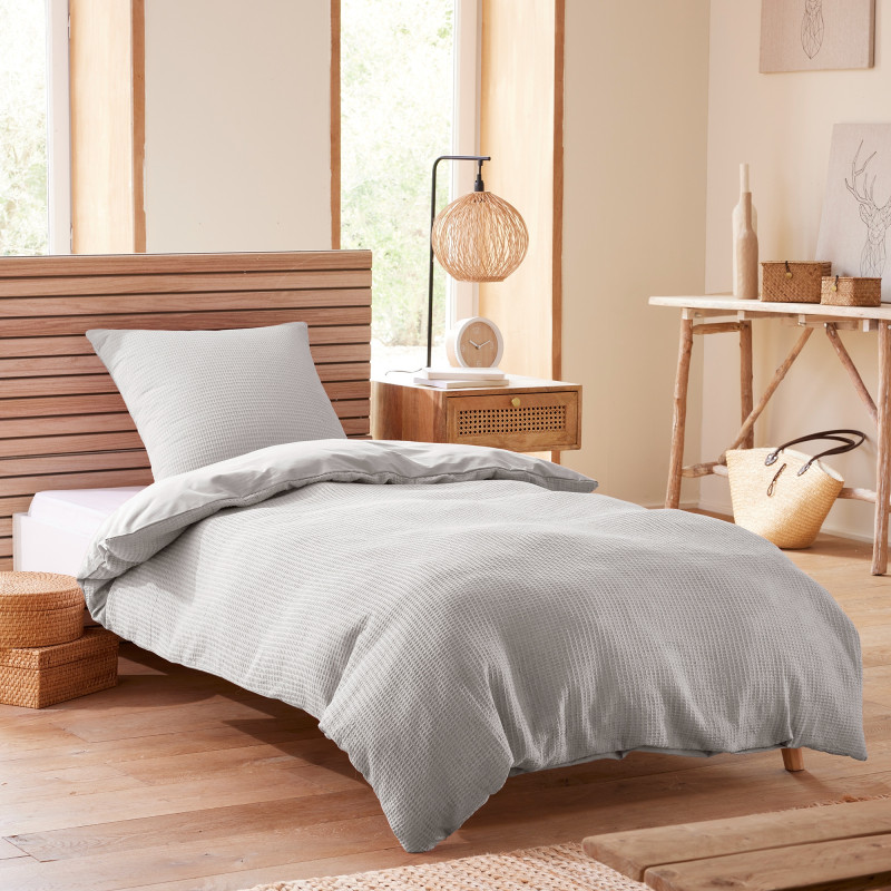 Parure de couette "nid d'abeille" 140 x 200 pour lit 1 place COTON PUR Gris