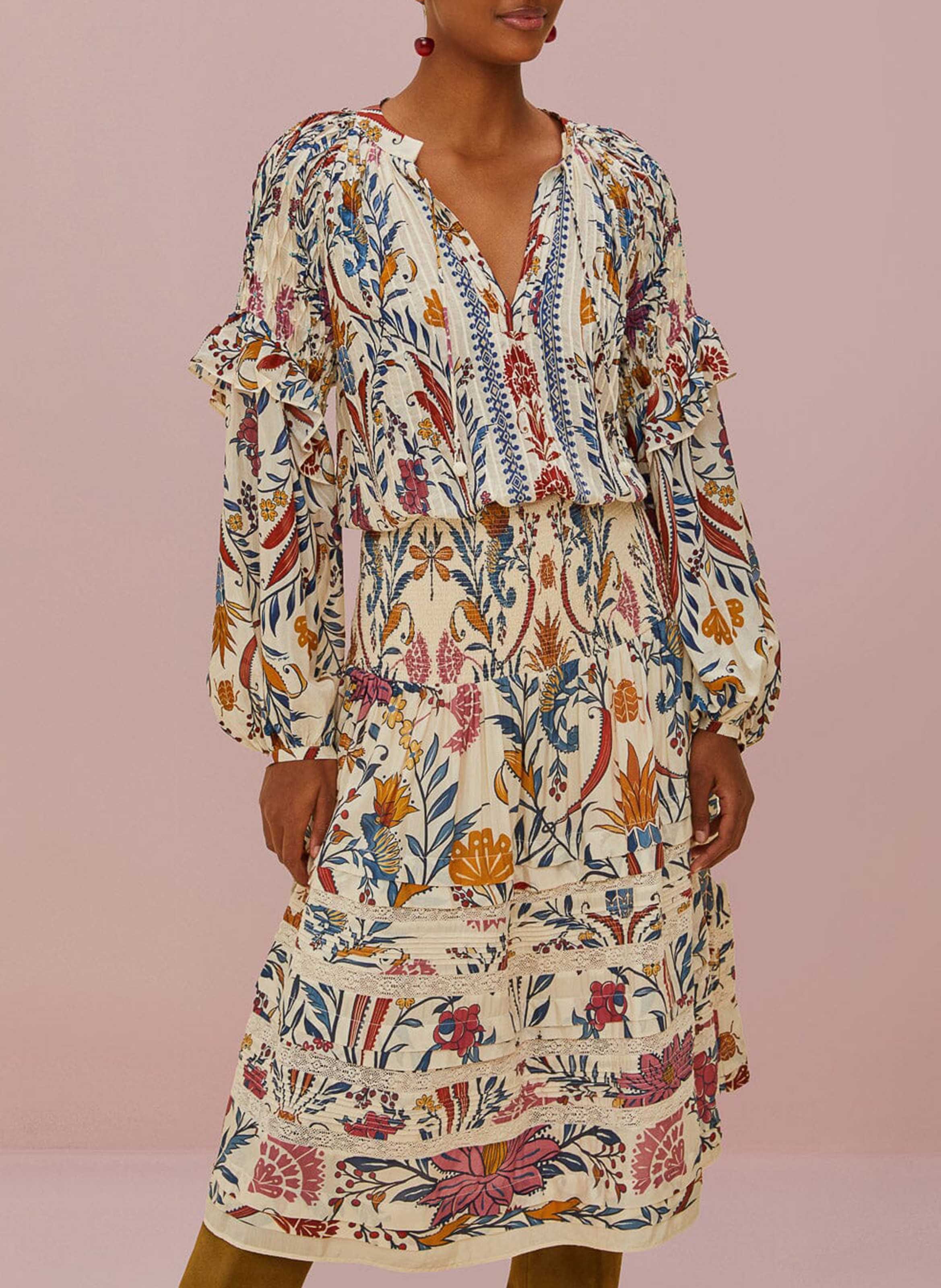 Printed cotton-blend midi skirt FARM RIO Beige