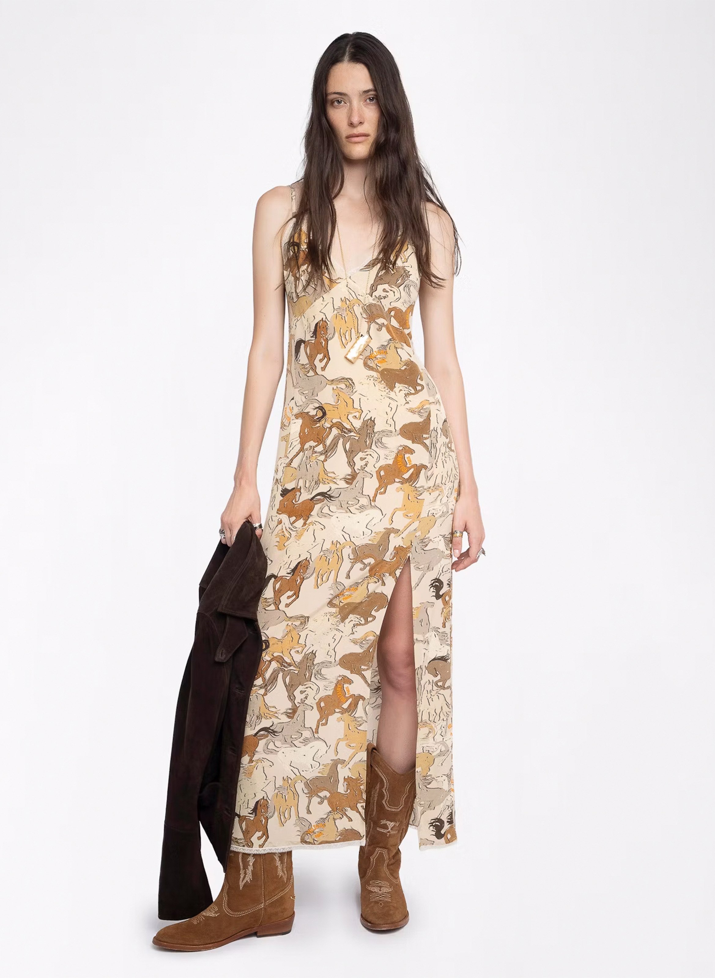 Robe droite col V en soie imprimée ZADIG&VOLTAIRE Blanc