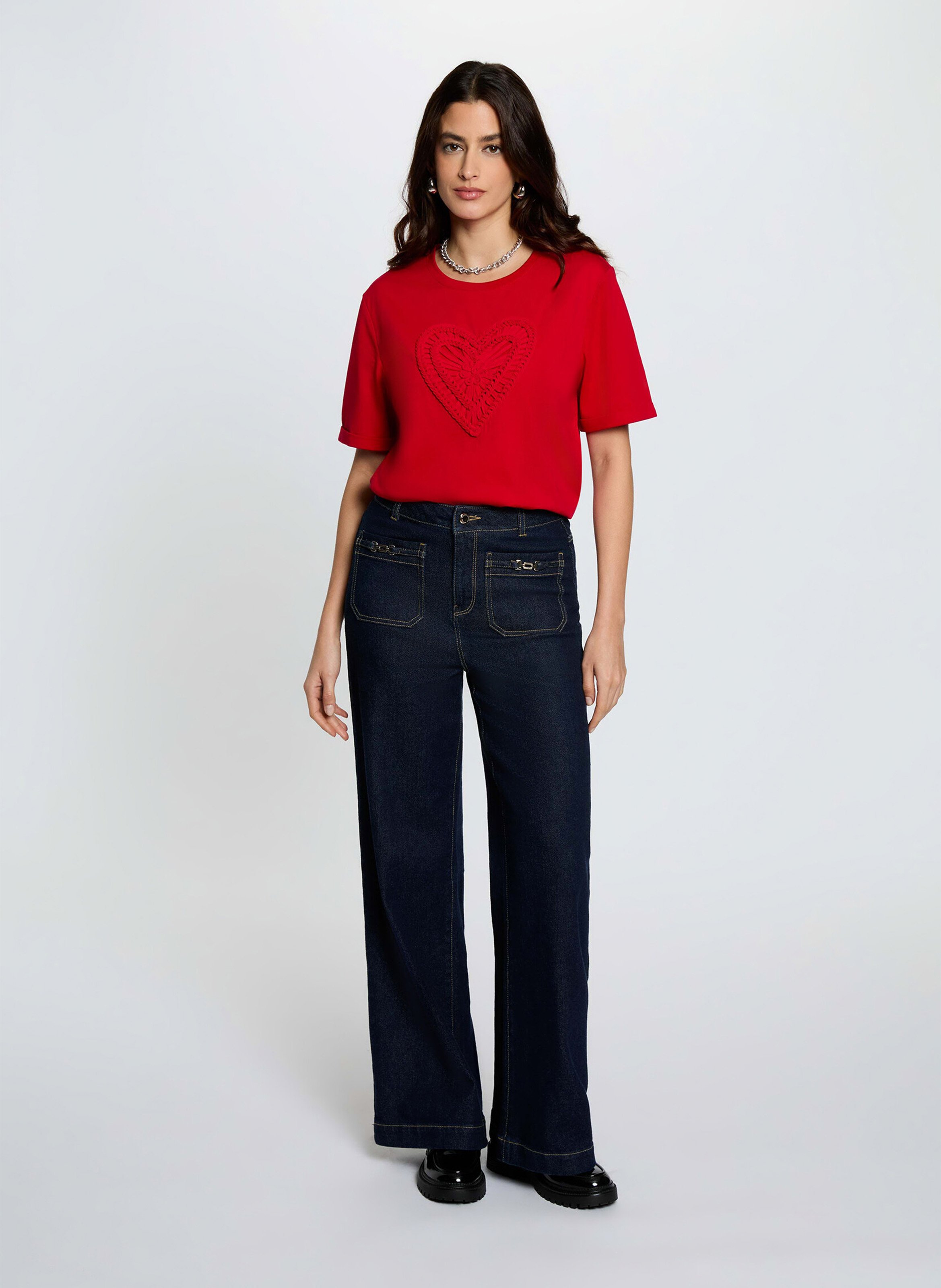 Tee-shirt manches courtes broderies cœur MORGAN Rouge