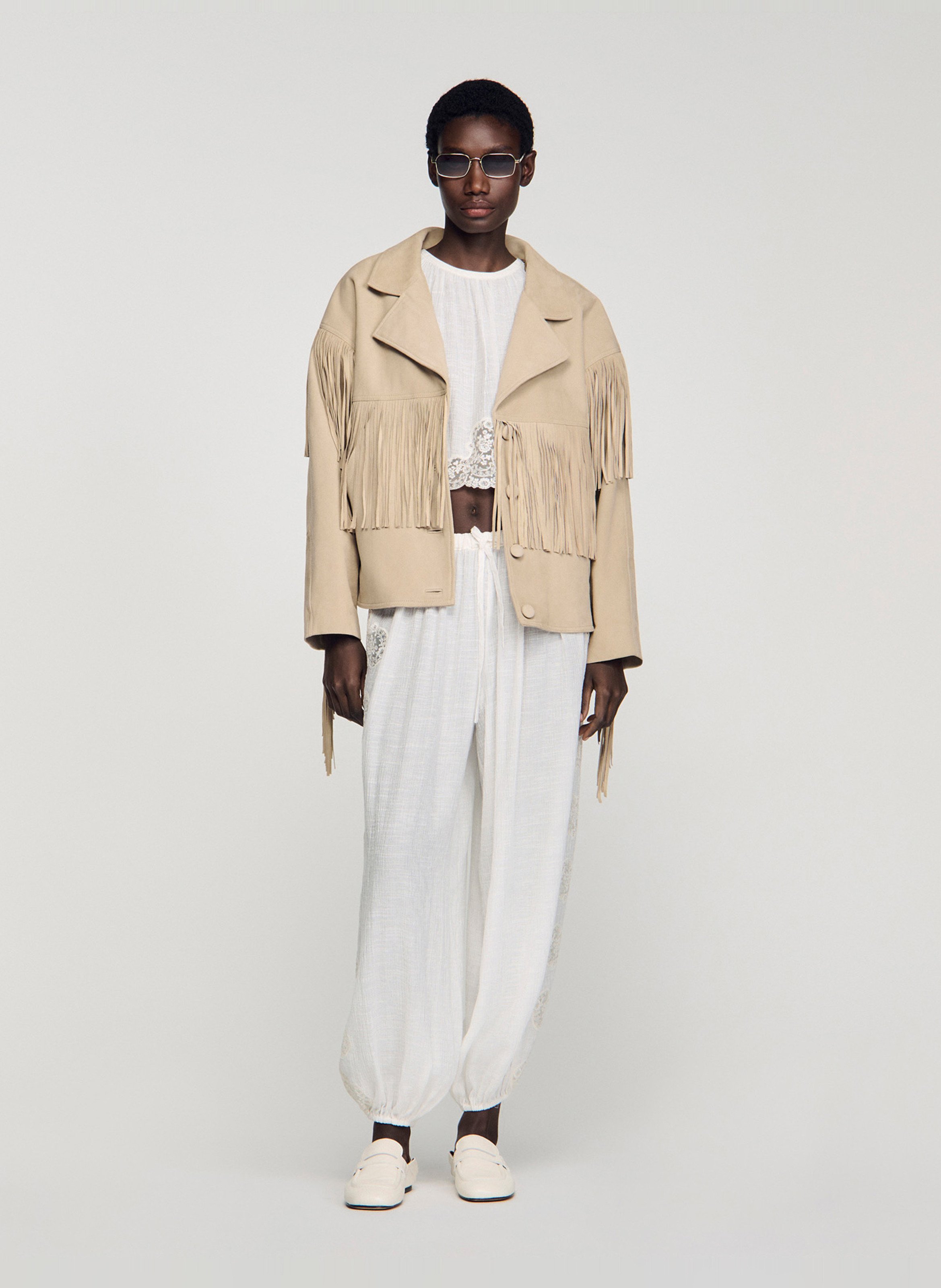 Blouson oversize à franges en suède  SANDRO Beige