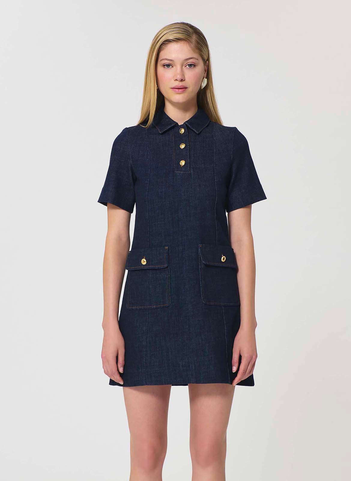 A-line dress with classic collar in raw denim TARA JARMON Blue