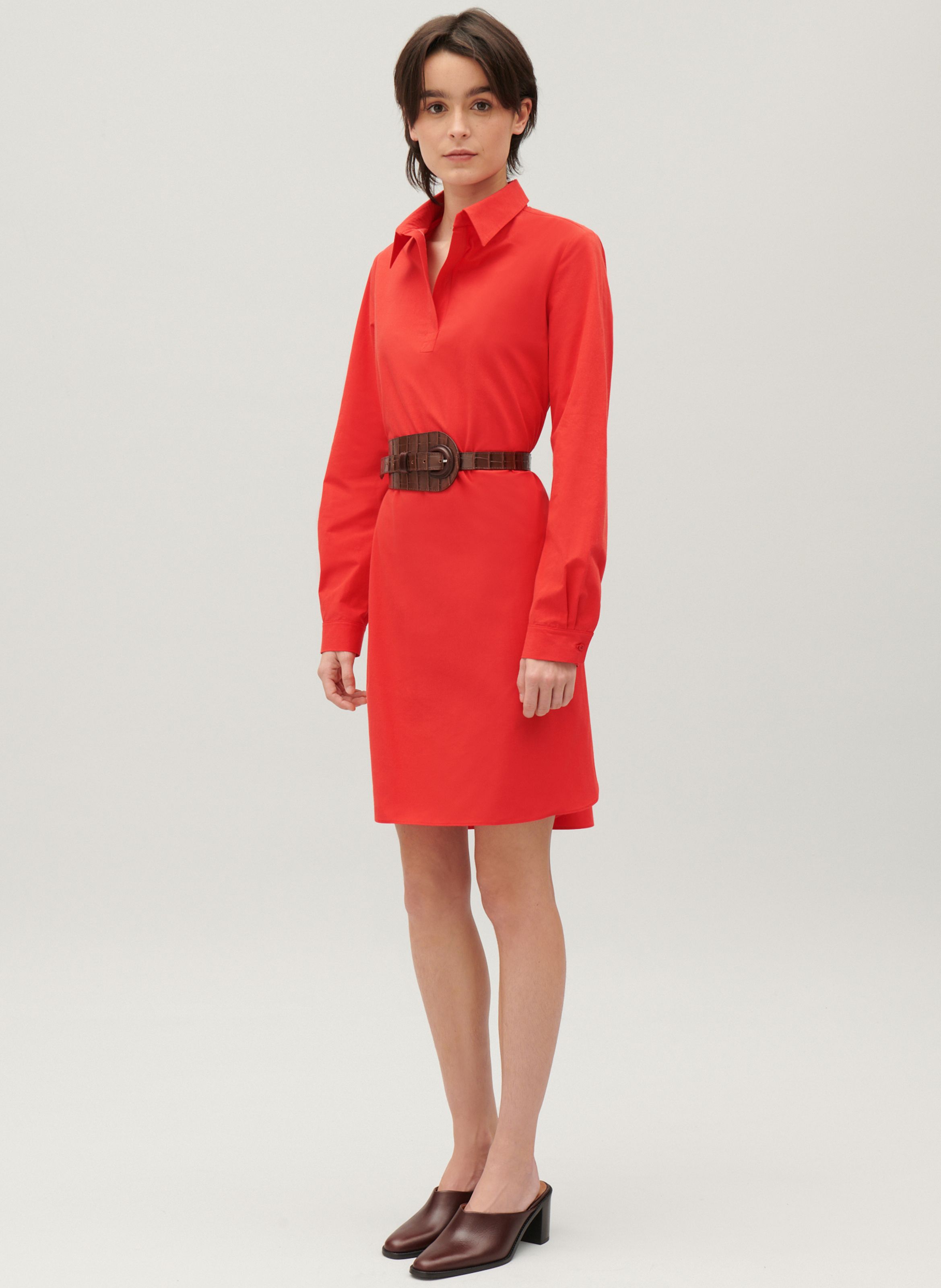 Fitted Midi Dress With Classic Collar And Adjustable Belt Rouge