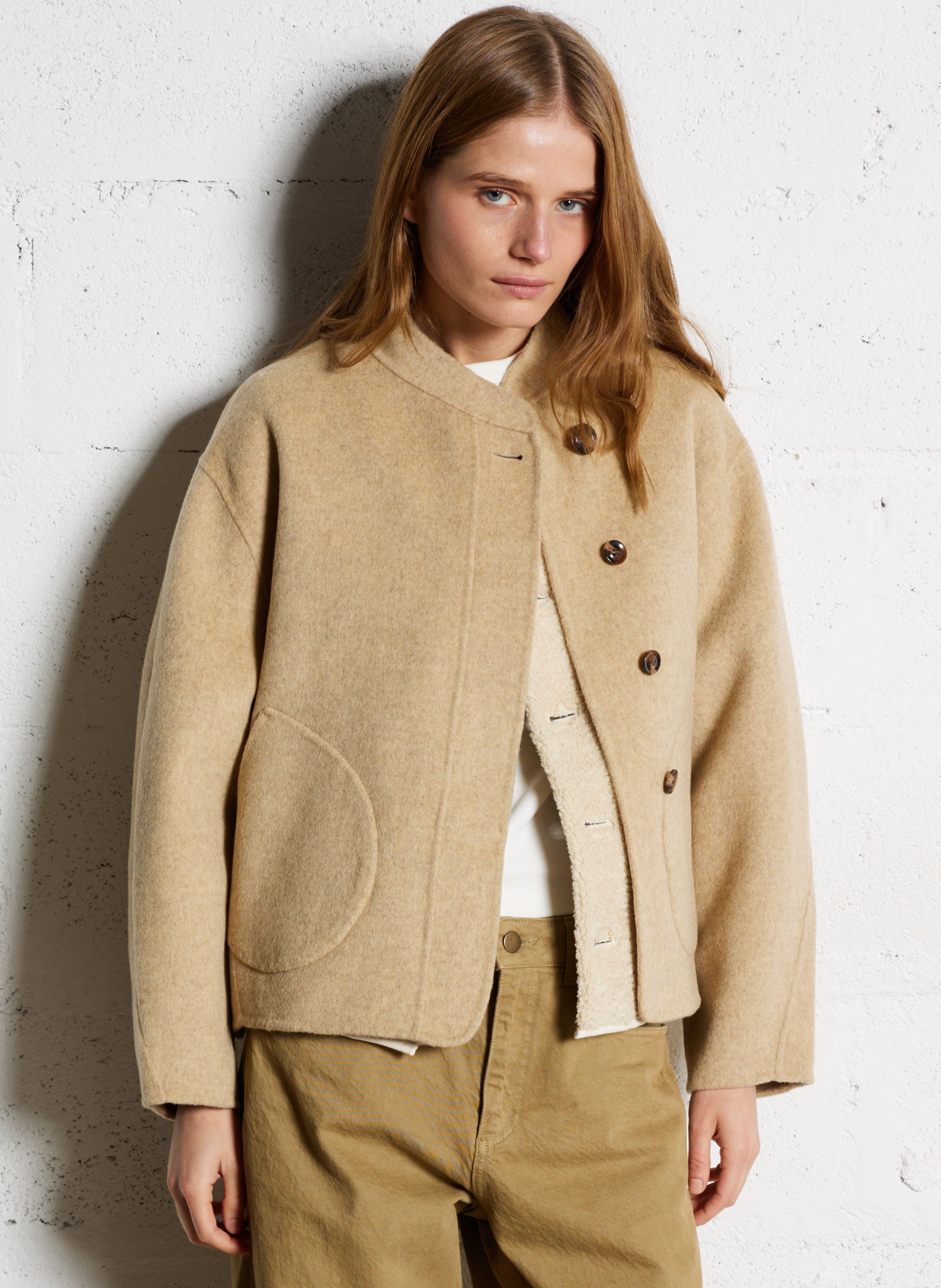 Manteau col rond en laine mélangée  SOEUR Beige