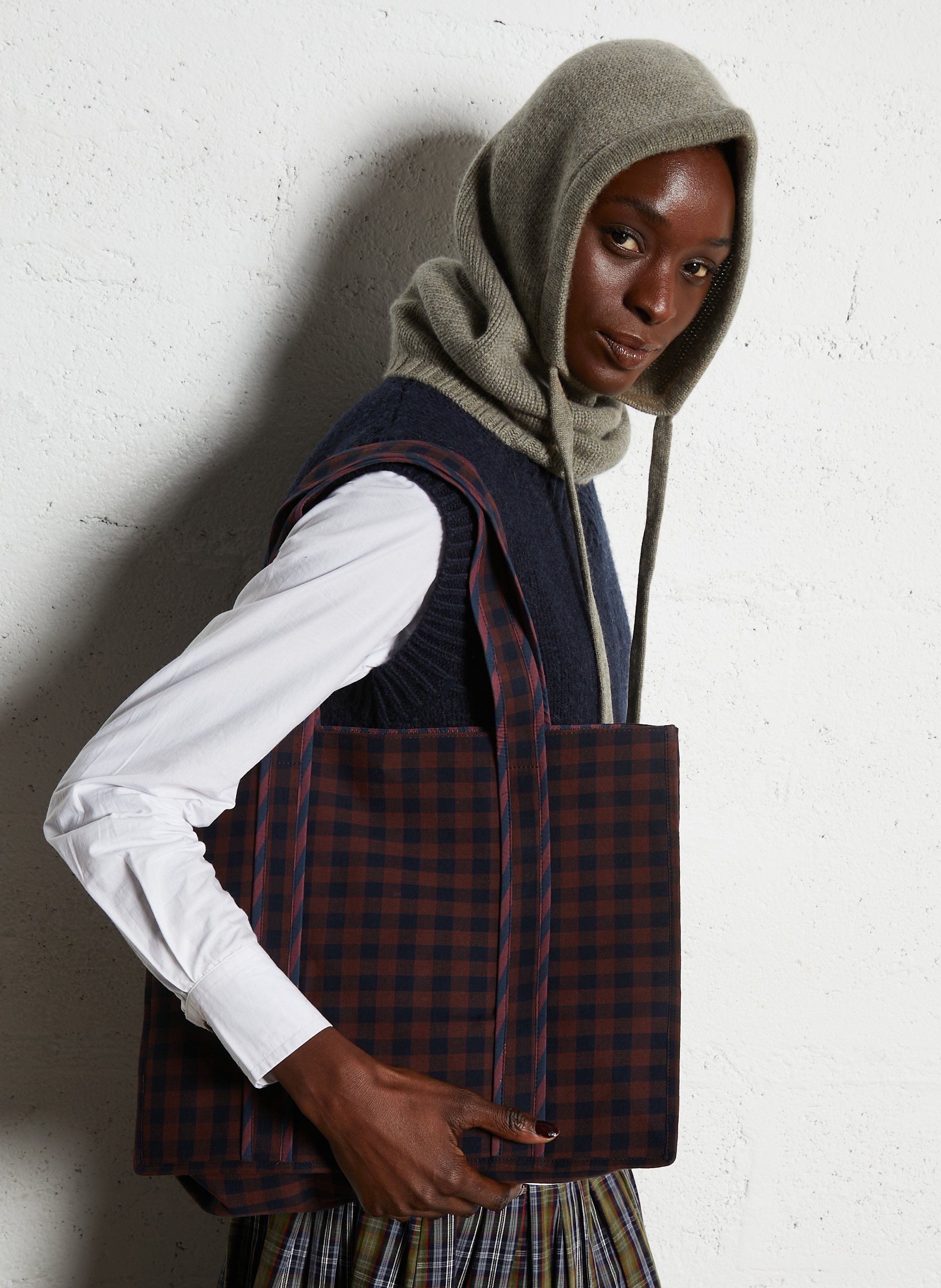 Checked cotton tote bag PETITE MENDIGOTE Brown