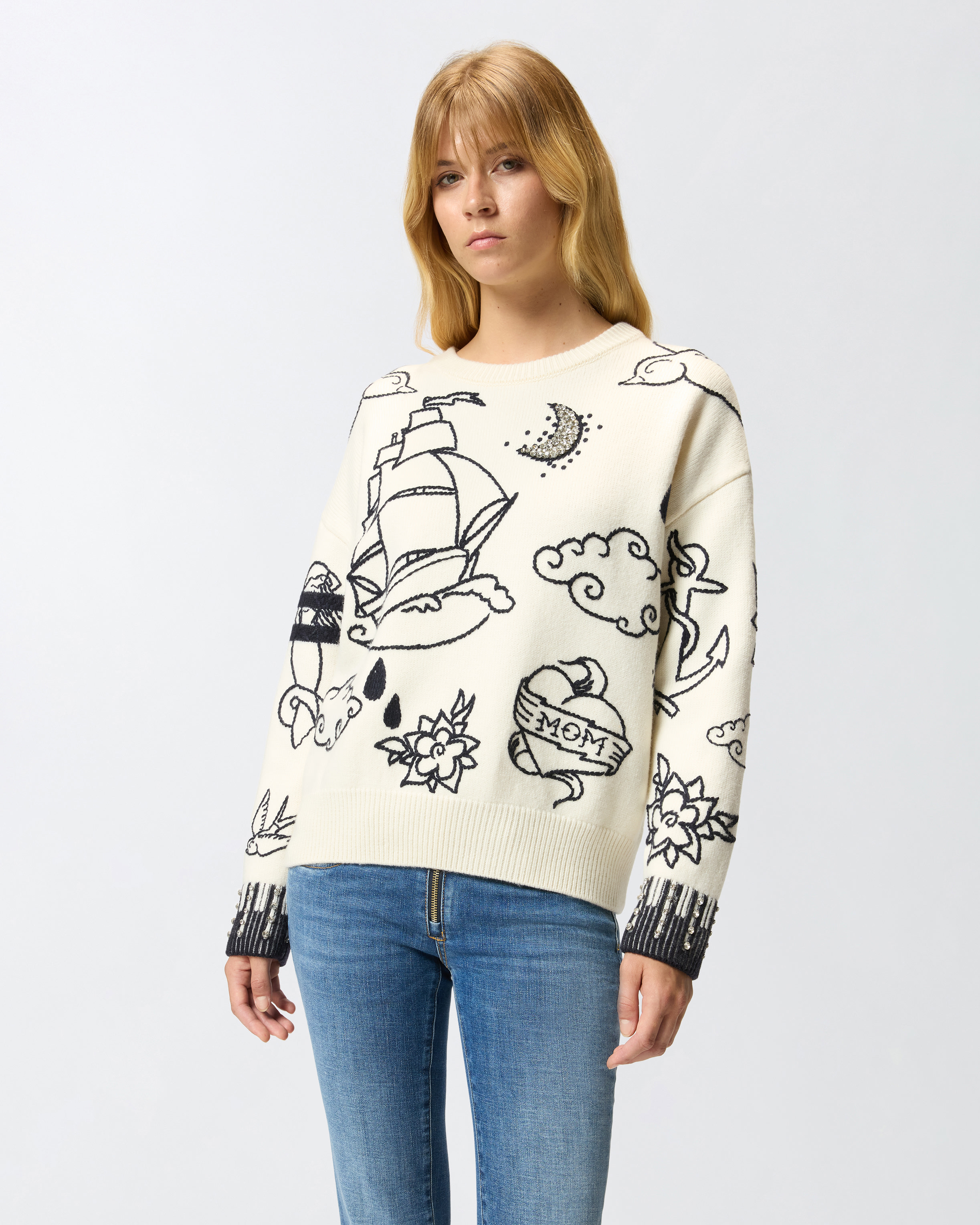 Crewneck sweater with patterns PINKO White