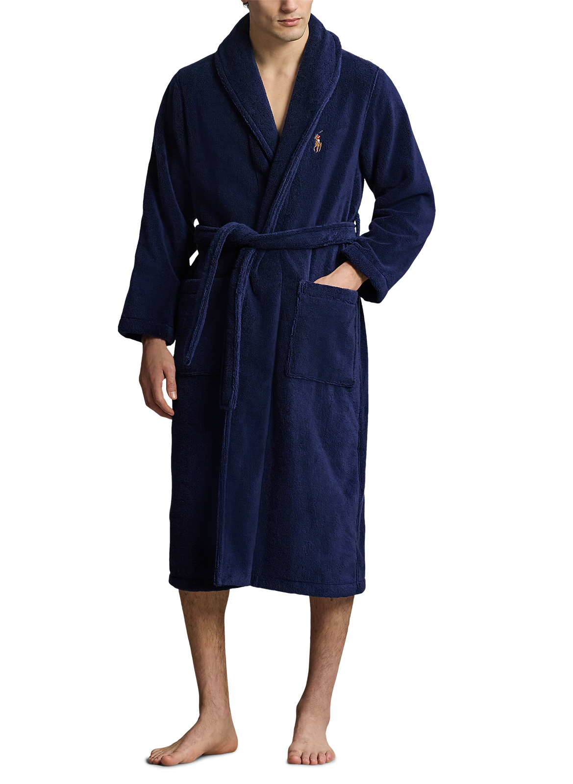 Einfarbiges Morgenmantel mit gesticktem Logo auf der Brust und Gürtel. POLO RALPH LAUREN Blau