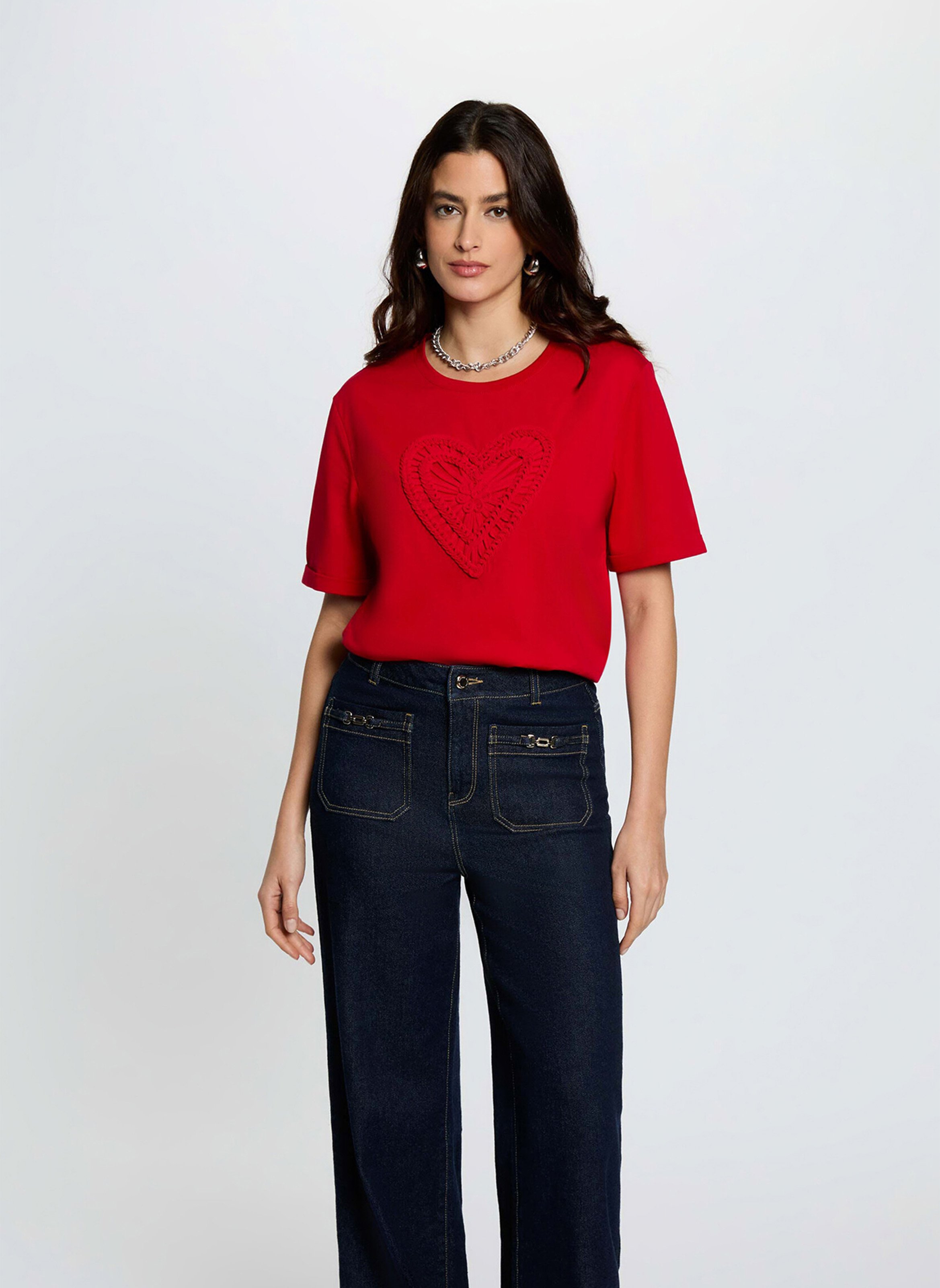 Tee-shirt manches courtes broderies cœur MORGAN Rouge