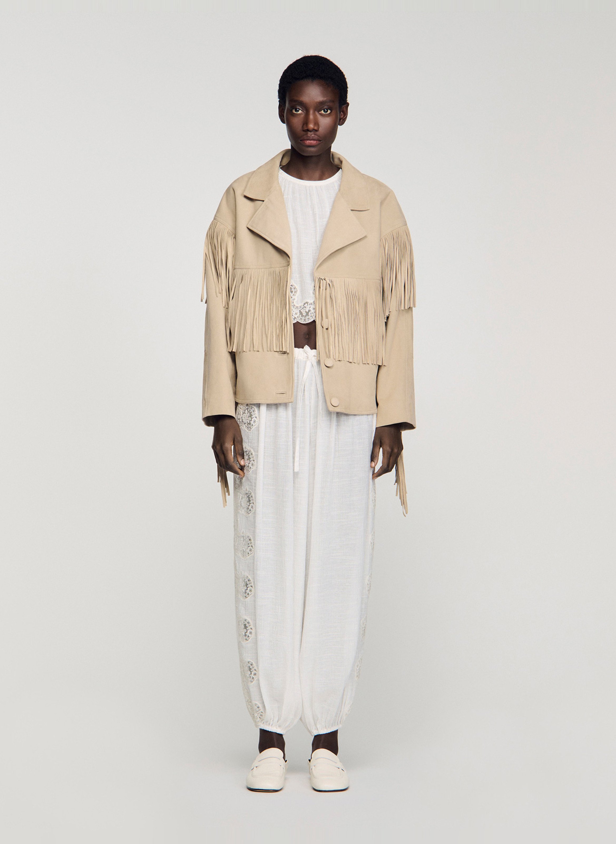 Blouson oversize à franges en suède  SANDRO Beige