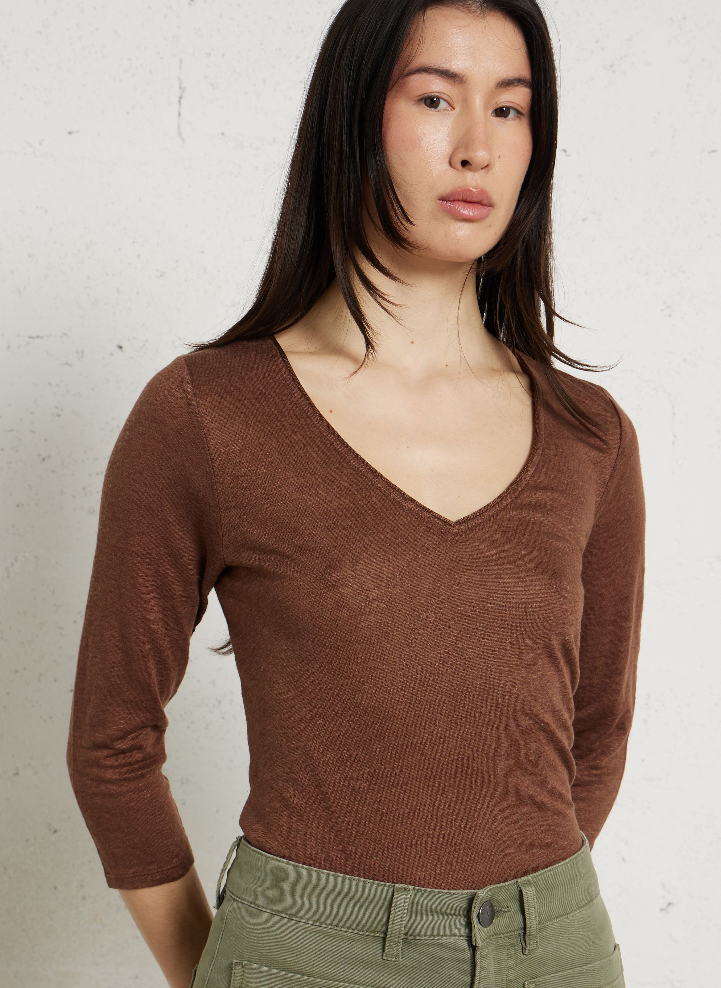 Tee-shirt col V chiné en lin  SUD EXPRESS