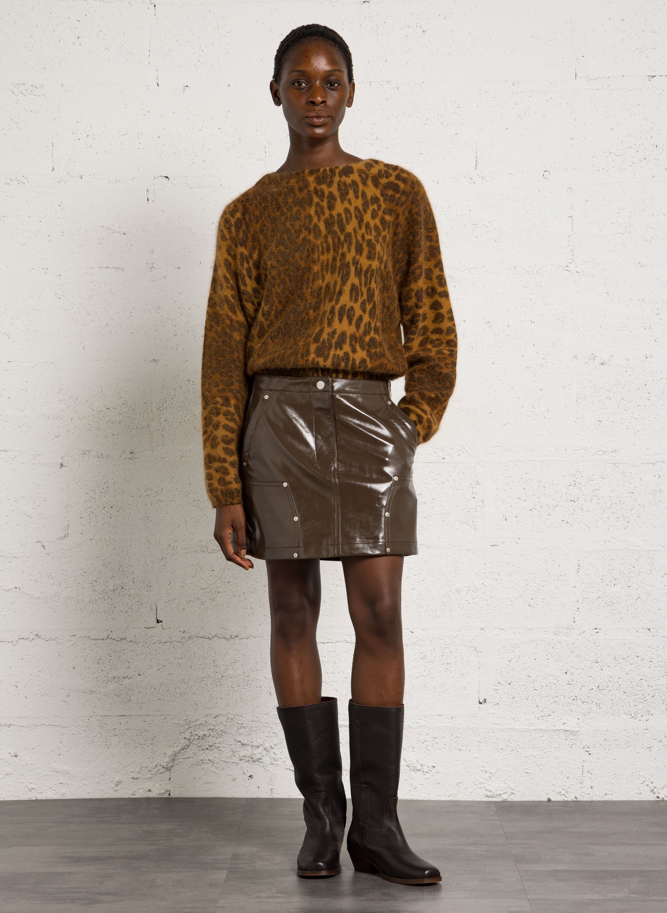 Pull droit col rond en maille imprimée BELLEROSE Gris