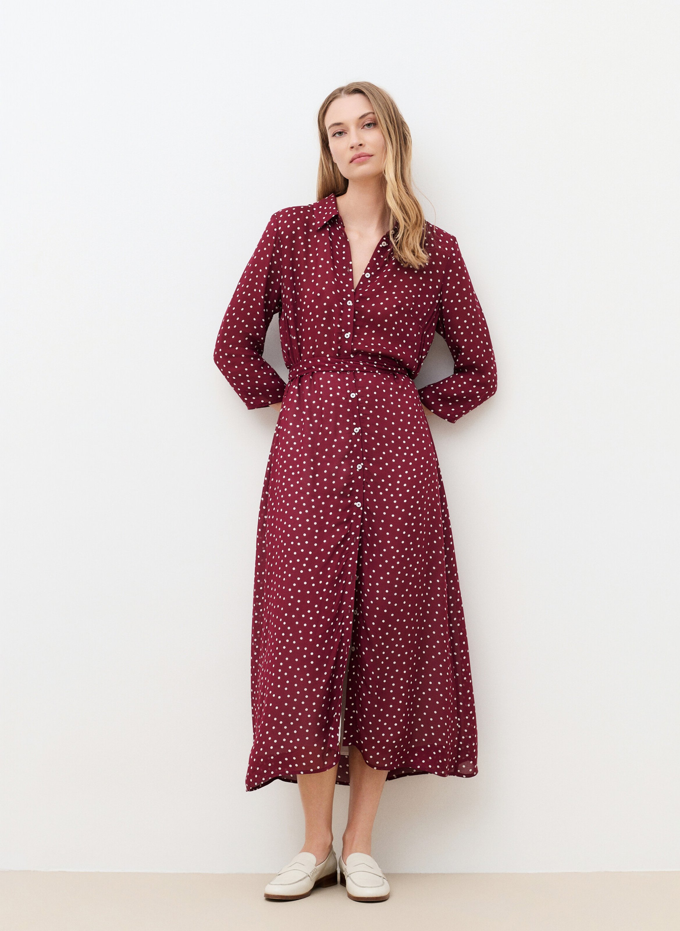 Robe midi col classique imprimée CAROLL Rouge