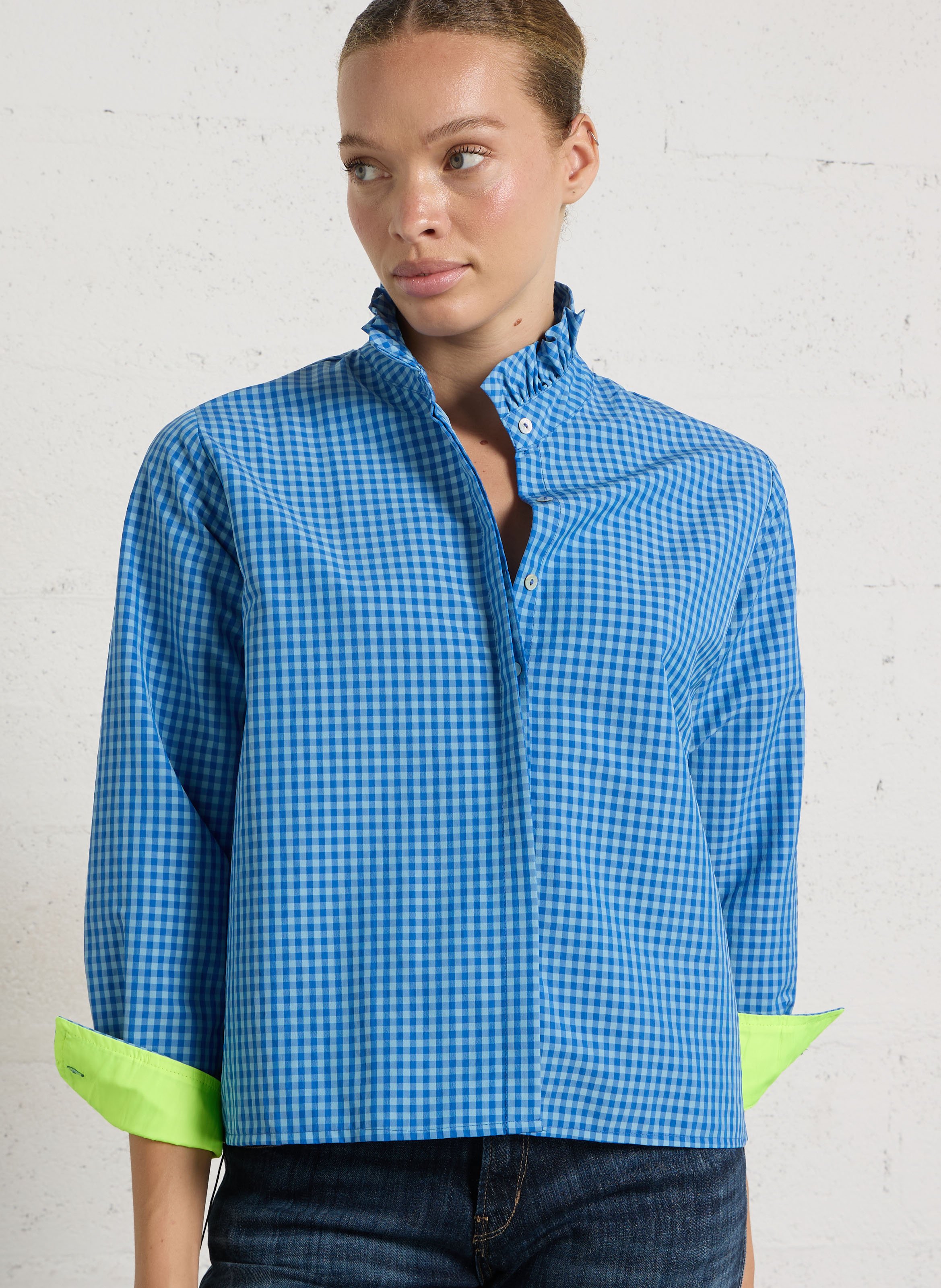Straight checked cotton shirt DR BLOOM Blue
