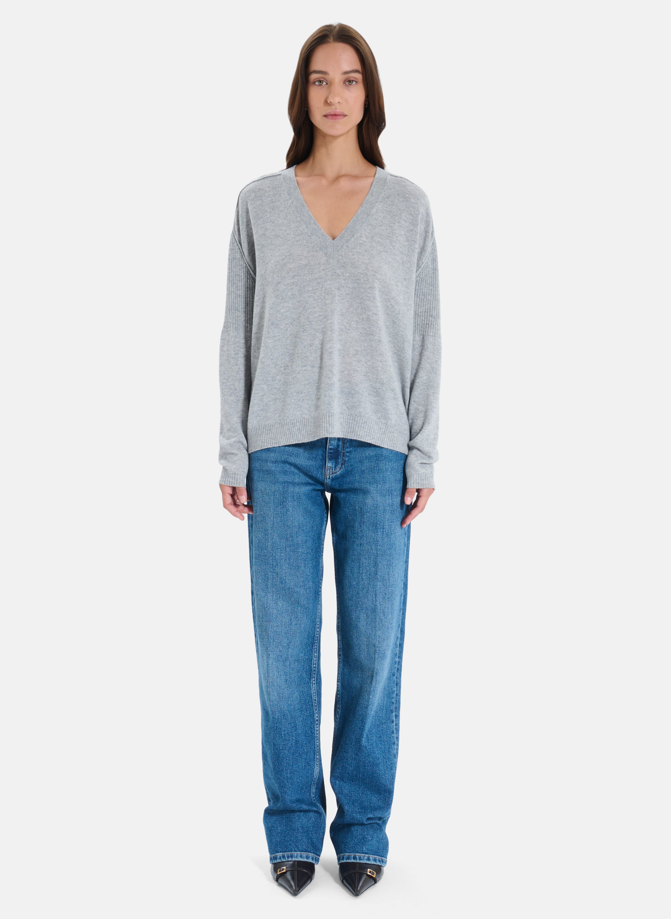 Pull col V en cachemire ZAPA Gris