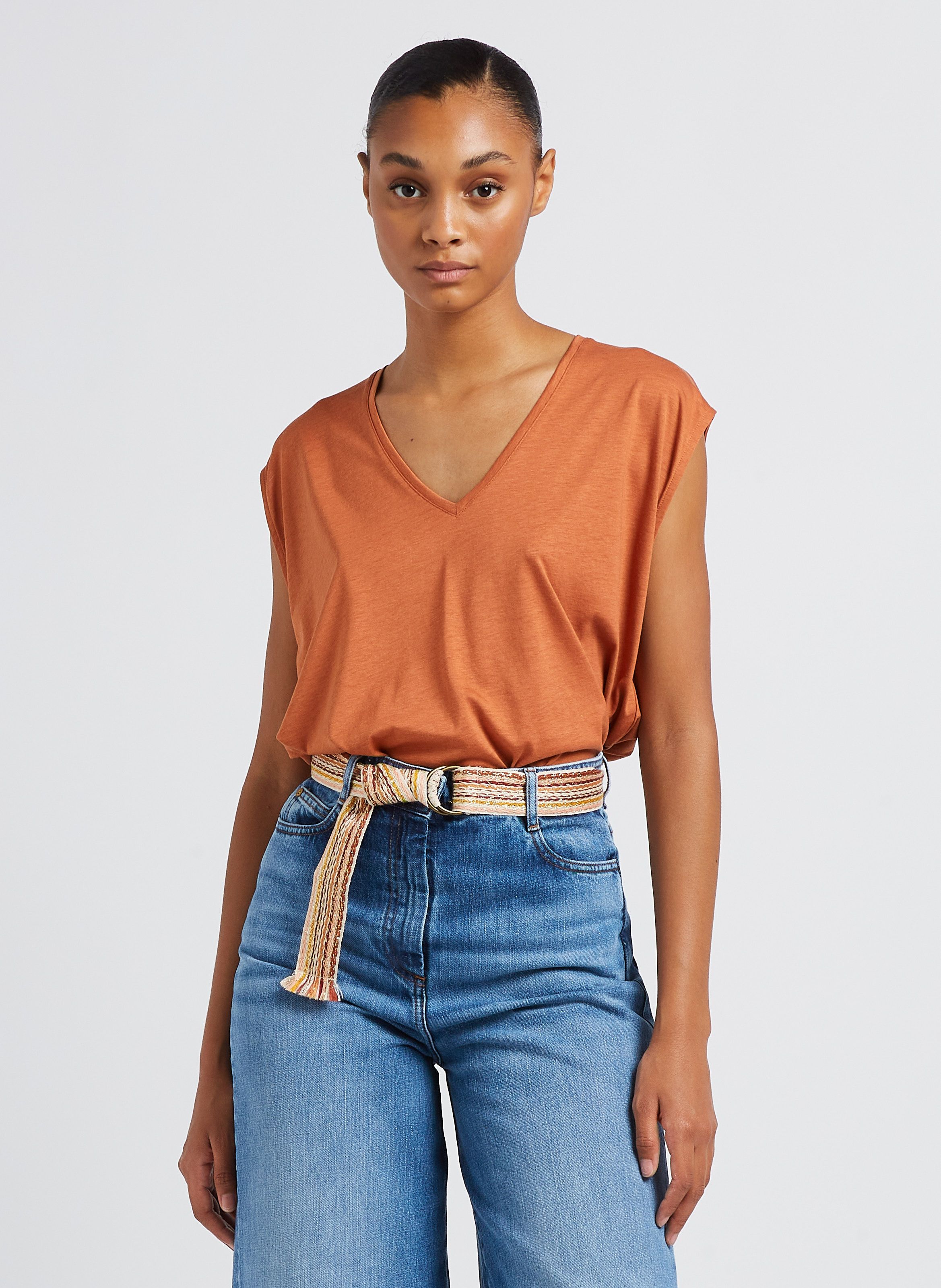 Tee shirt Col V Ample The V Orange Rust Sessun Femme Place des