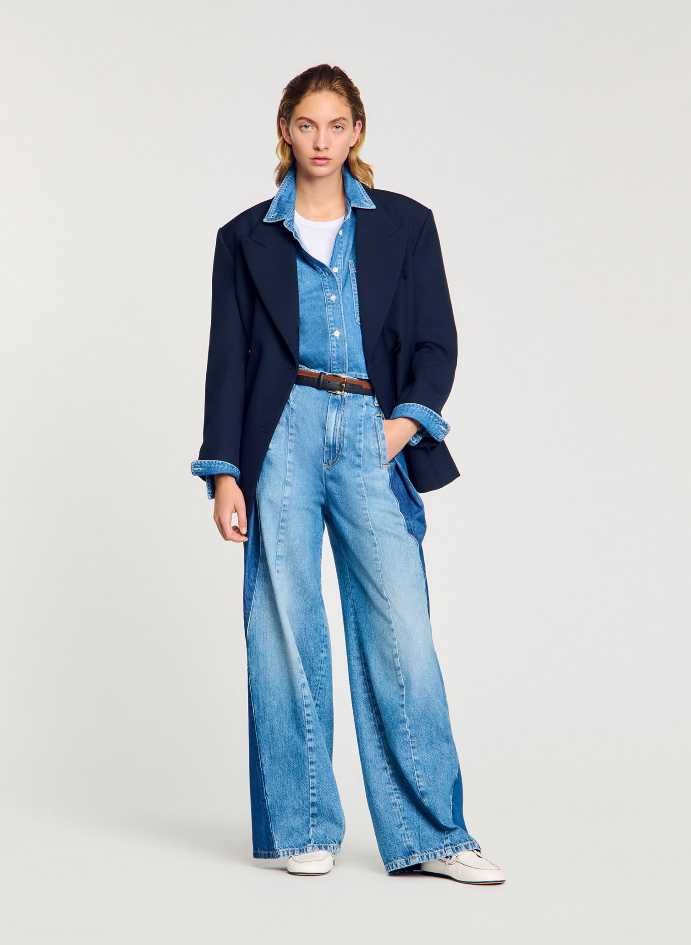 Jean large à empiècements en coton  SANDRO Bleu