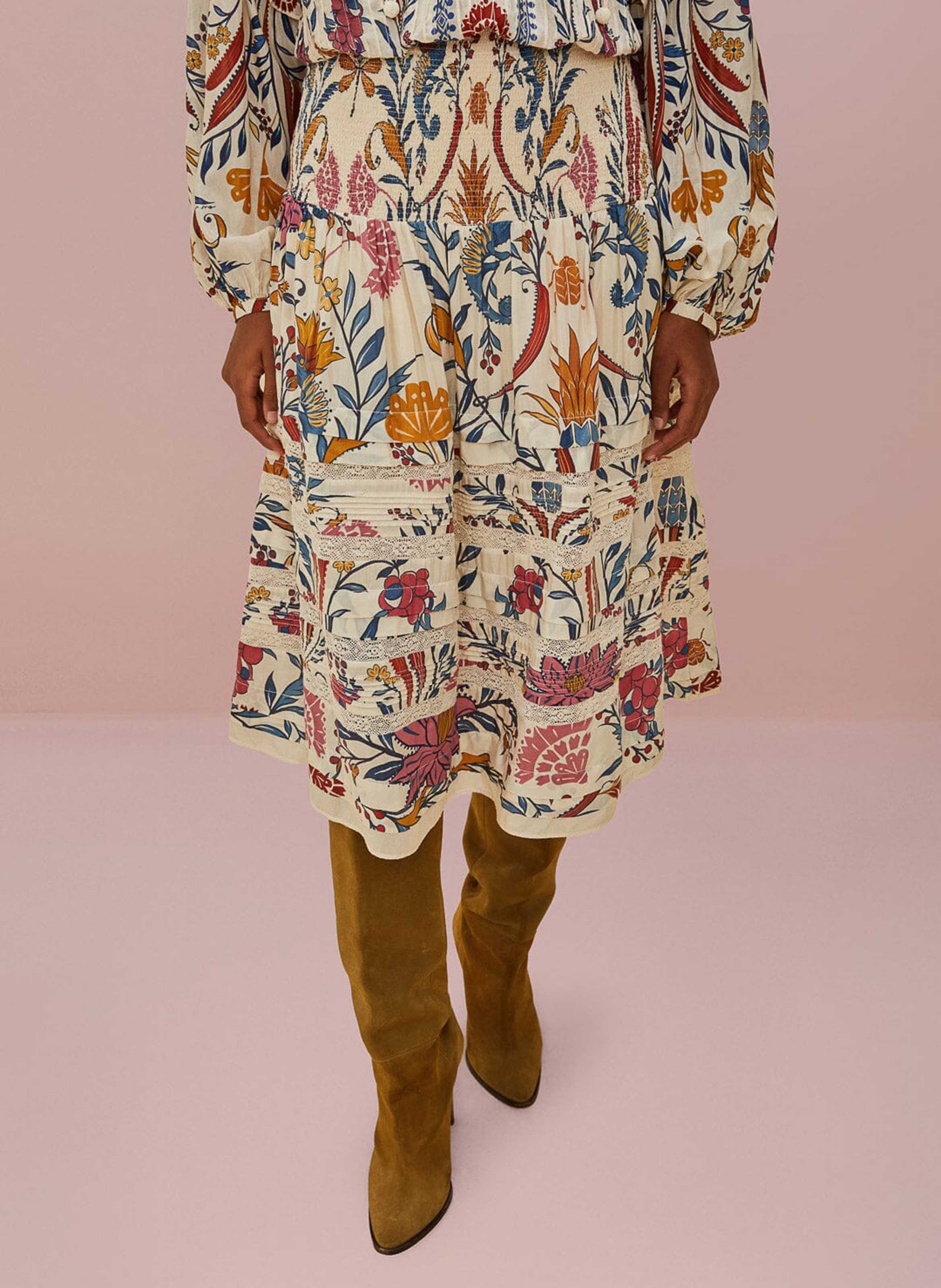 Printed cotton-blend midi skirt FARM RIO Beige