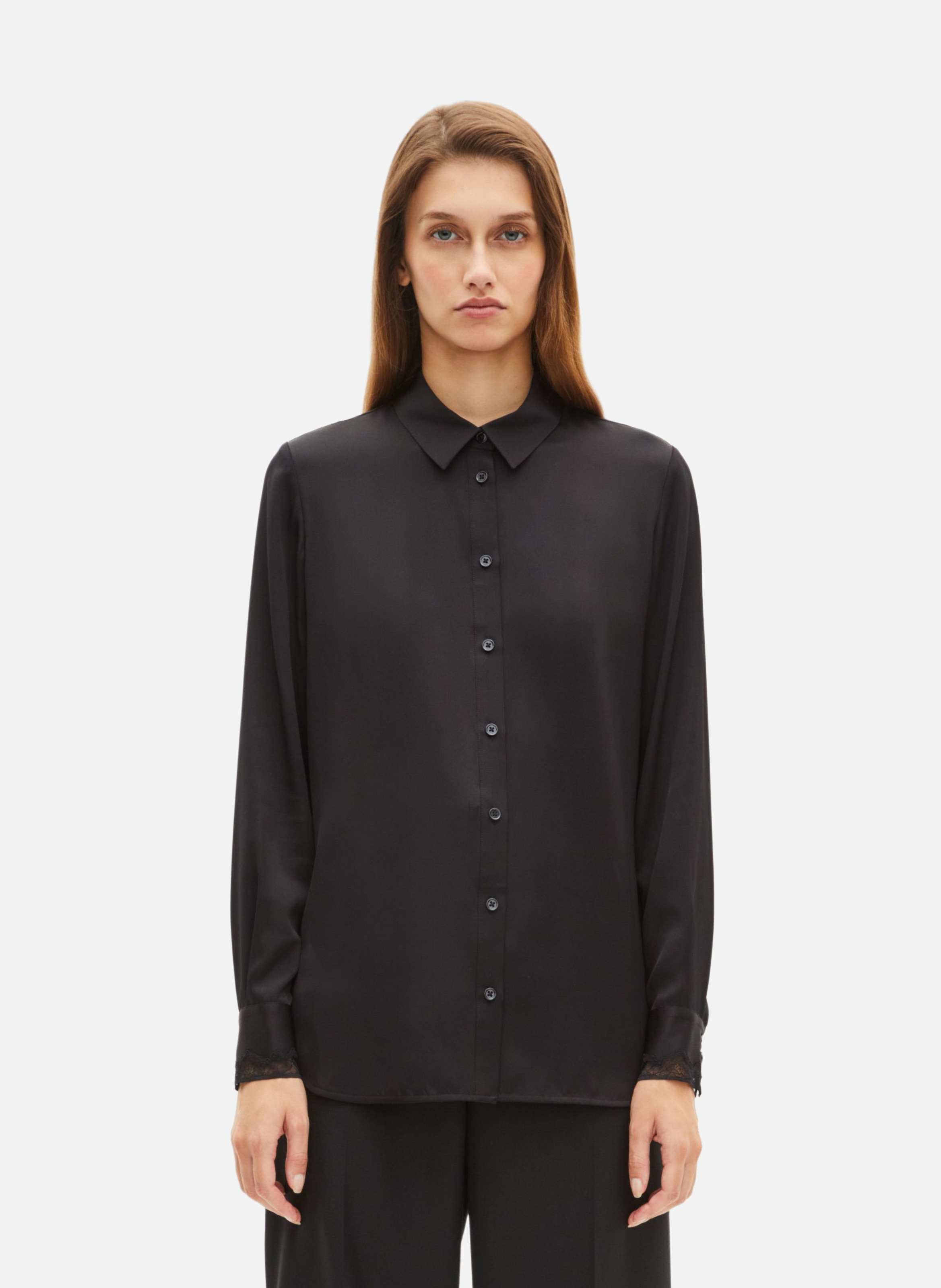 Printed silk satin classic-collar shirt  Noir