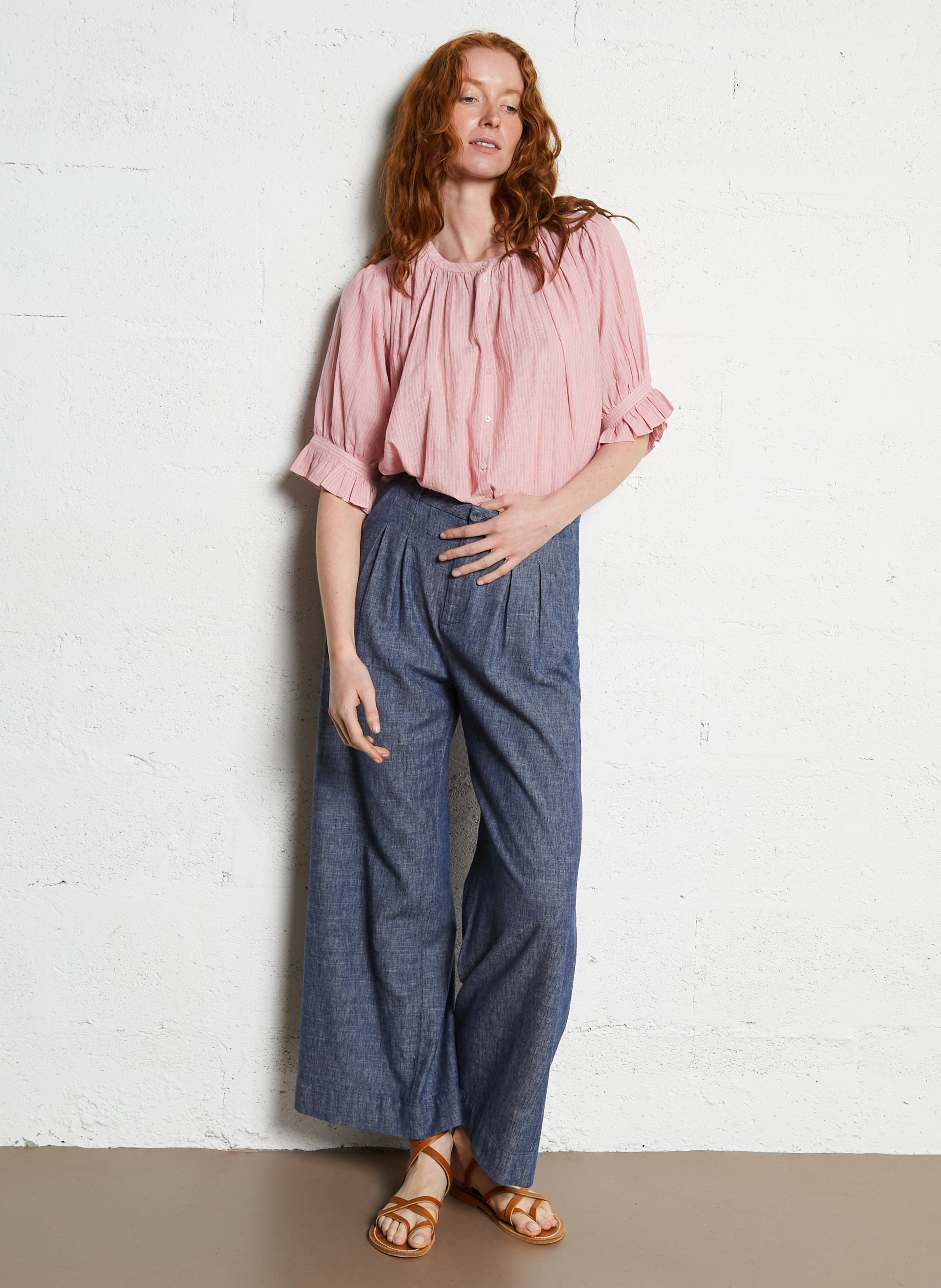 Pantalon large en coton mélangé Bleu