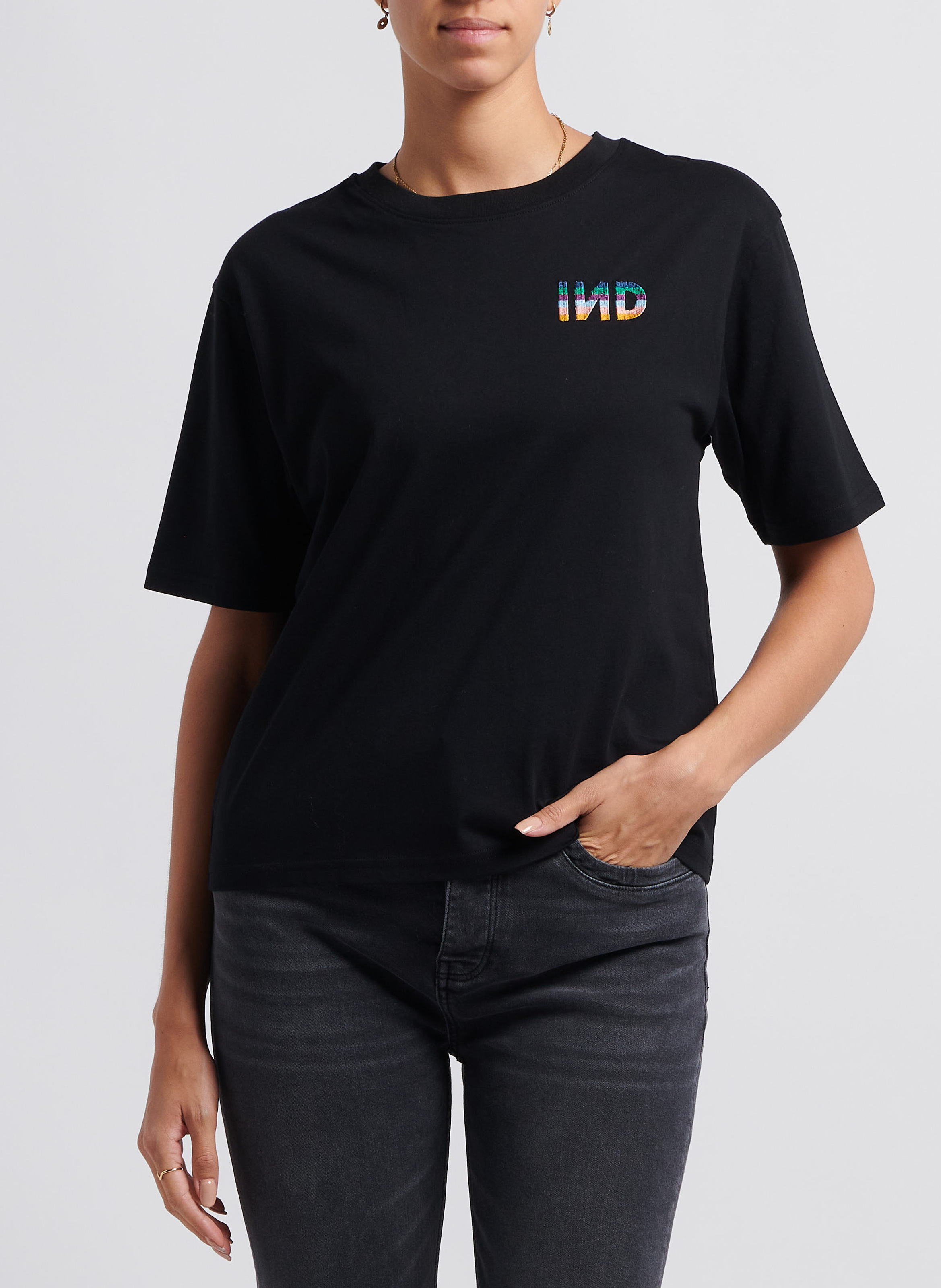 Tee-shirt col rond brodé en coton INDEE