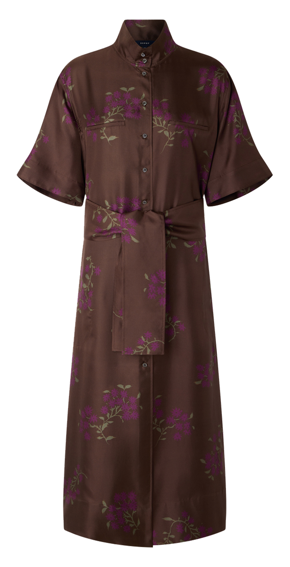 Robe midi col mao en soie SOEUR Marron