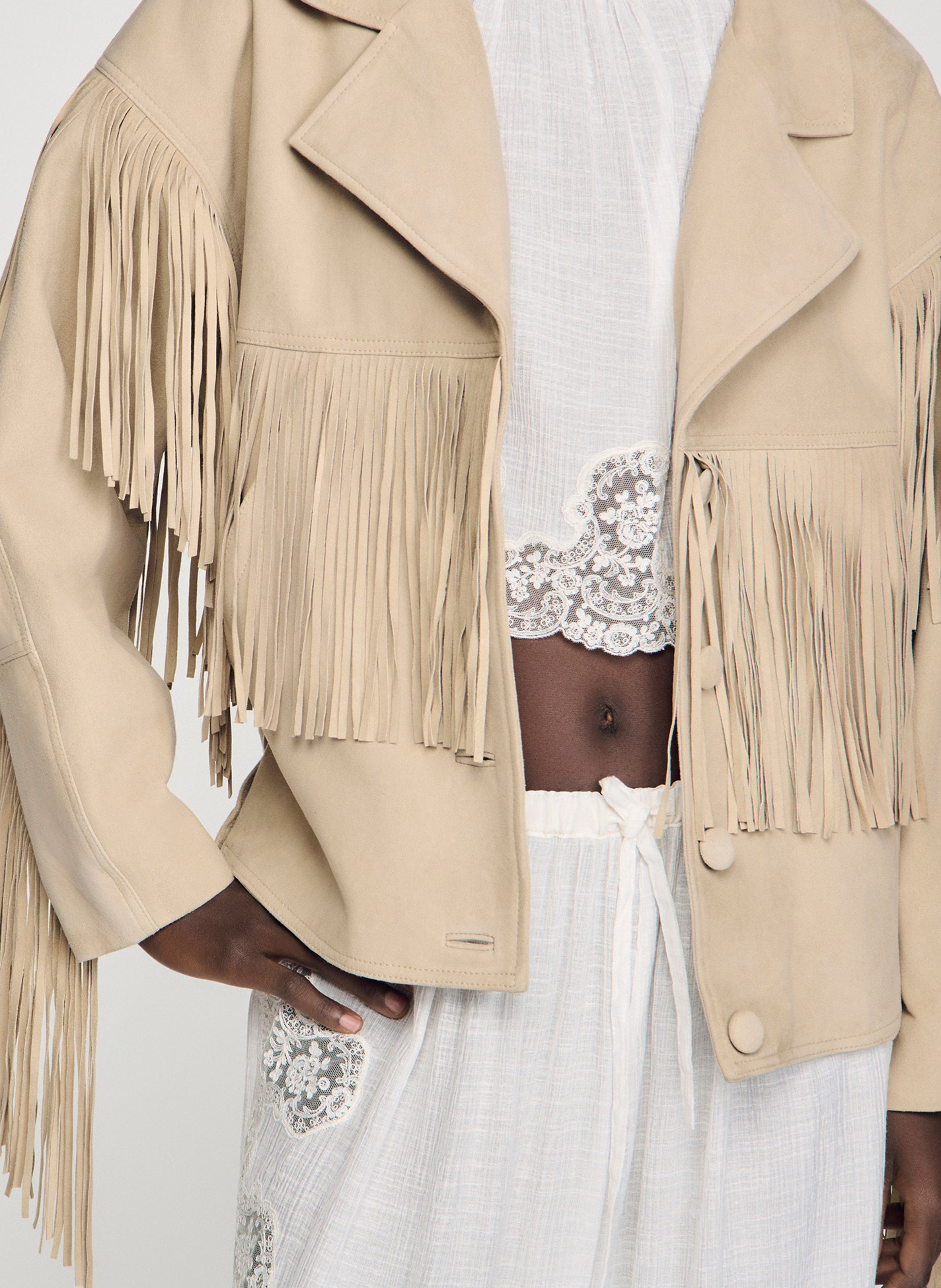 Blouson oversize à franges en suède  SANDRO Beige