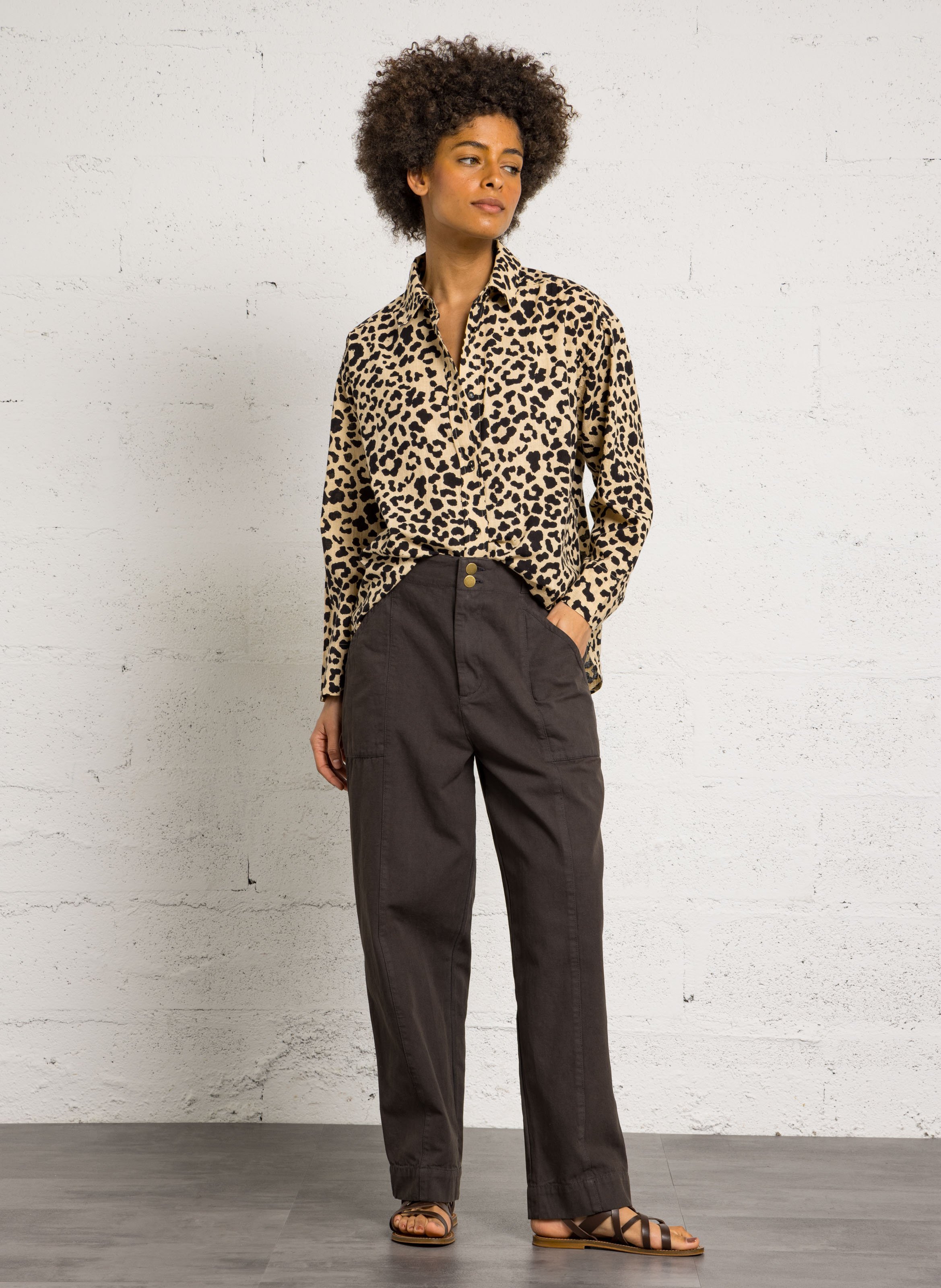 Chemise boutonnée léopard en coton LEON & HARPER Marron