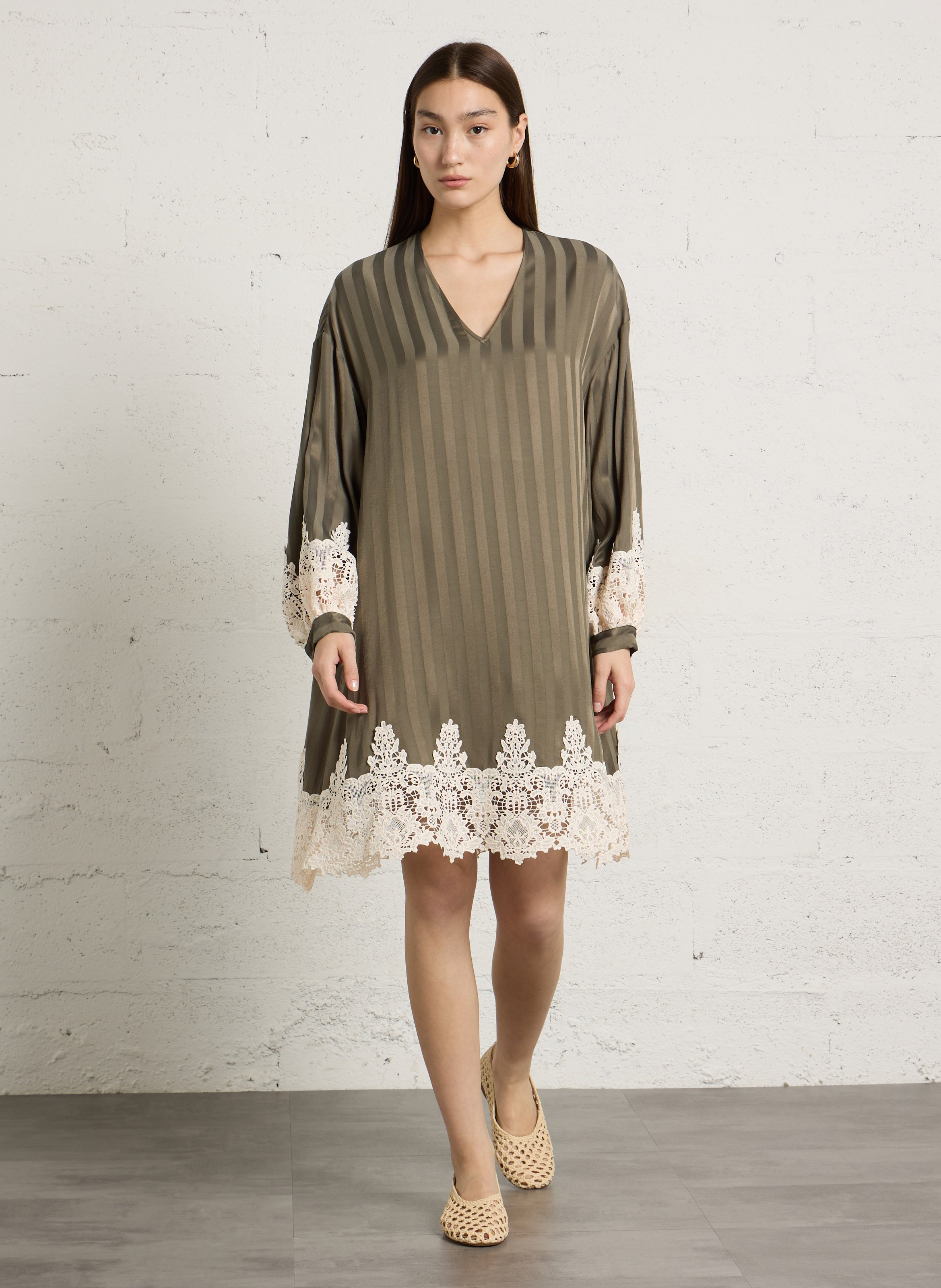 Loose-fit V-neck dress IKKS Khaki