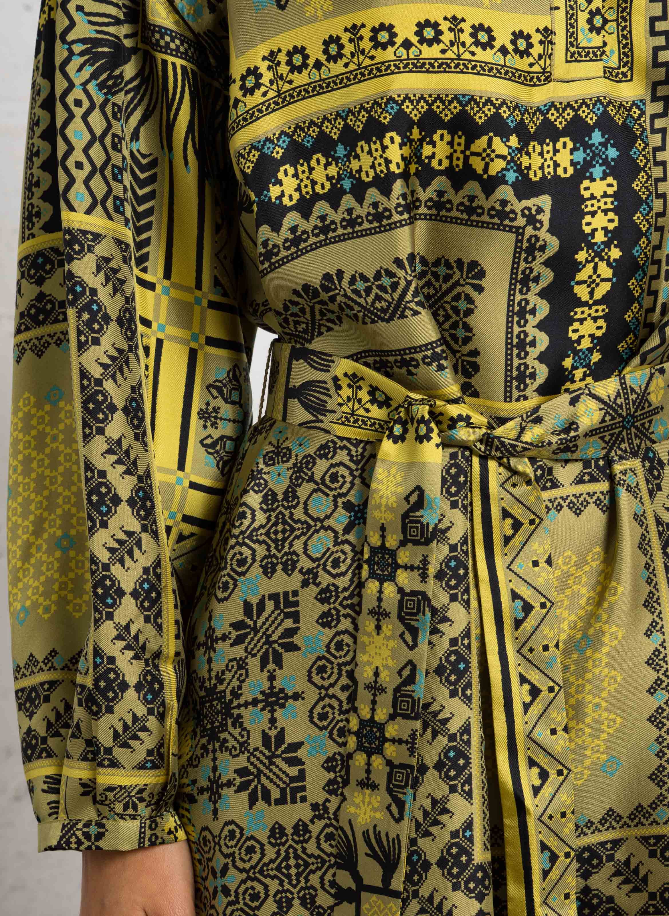 Robe courte col classique en soie imprimée MOMONI Jaune