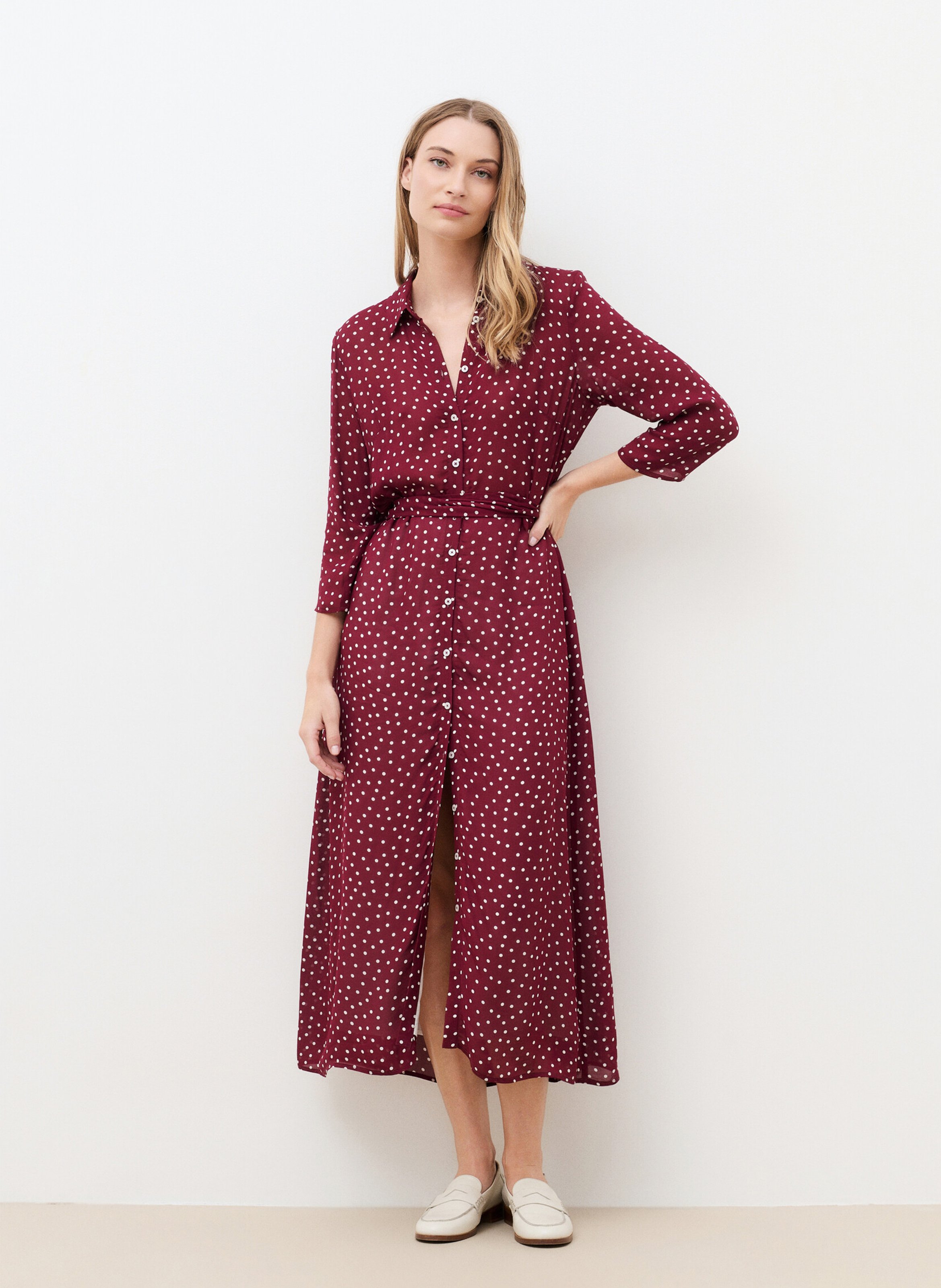 Robe midi col classique imprimée CAROLL Rouge
