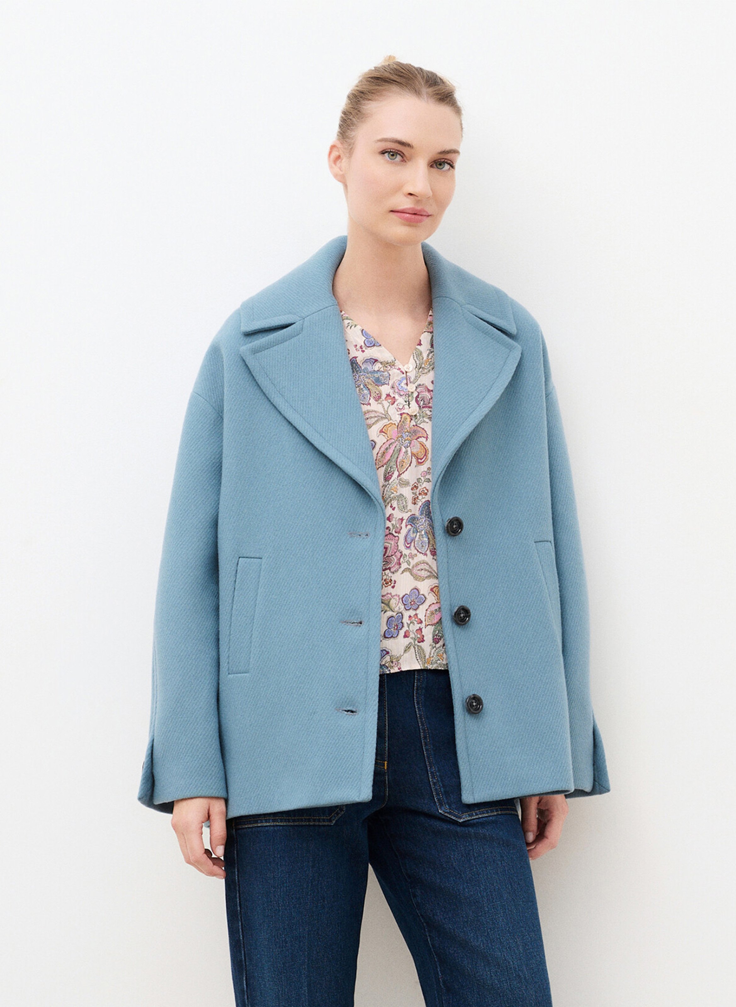 Weiter Mantel aus Wollmix CAROLL Blau
