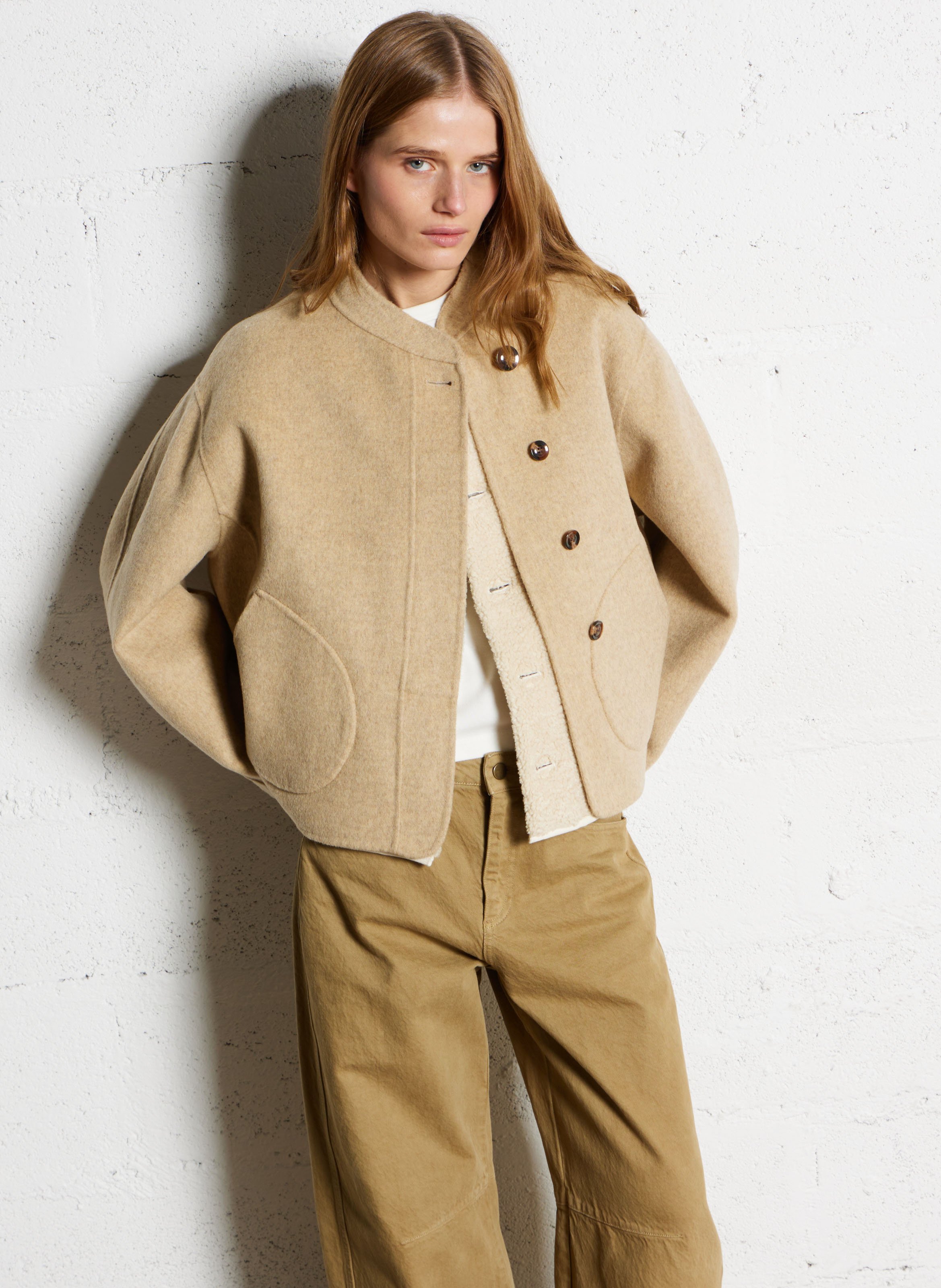 Manteau col rond en laine mélangée  SOEUR Beige