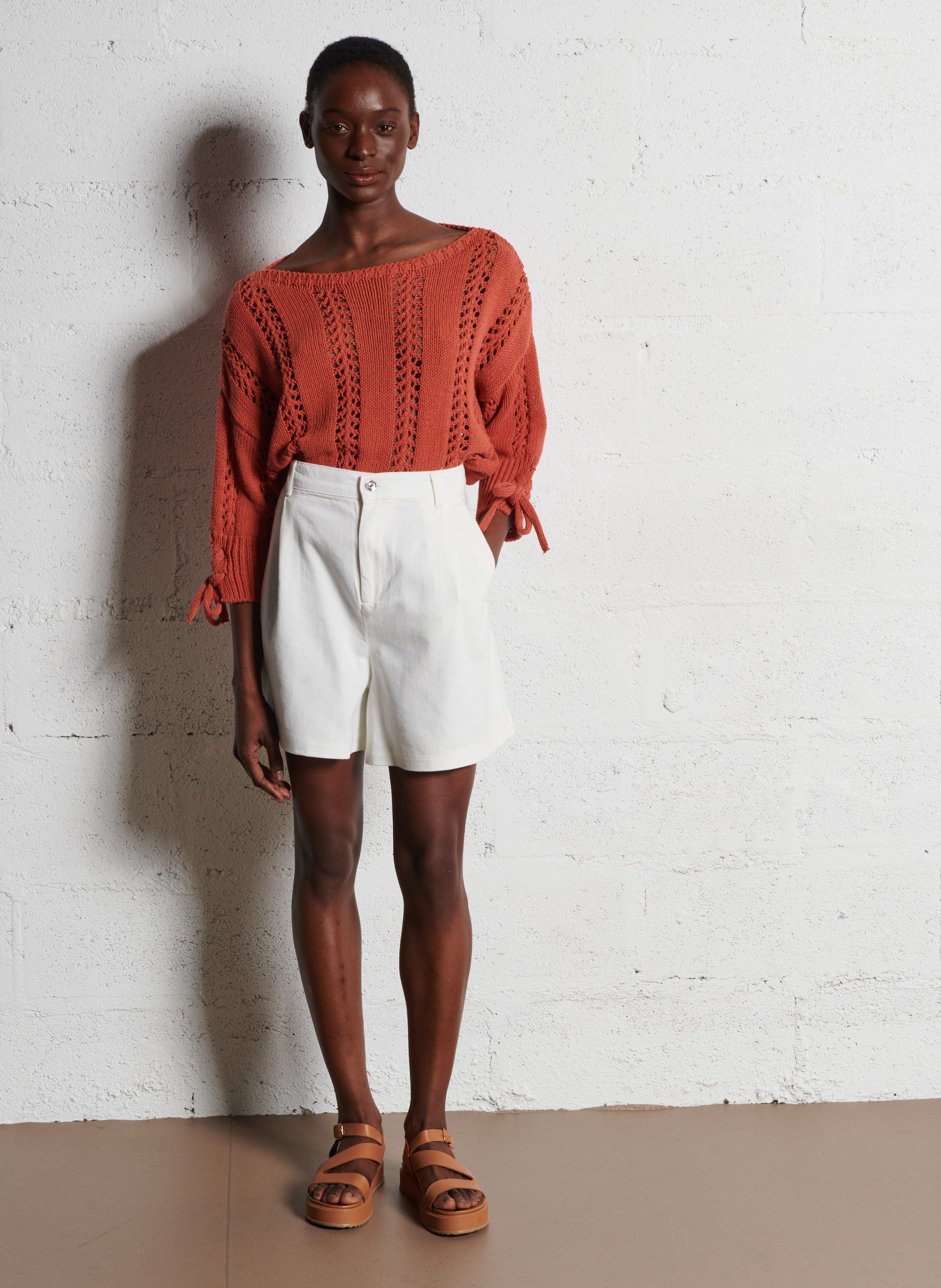 High-waisted wide-leg cotton shorts Bianco lana Liu Jo
