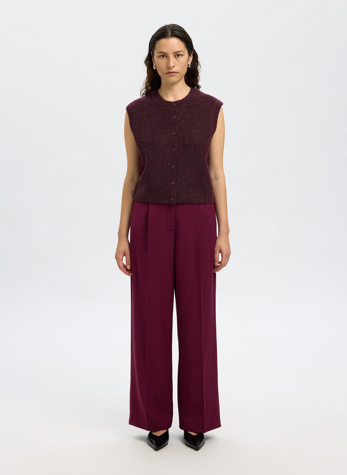 Cardigan droit col rond en laine mélangée SELECTED Prune