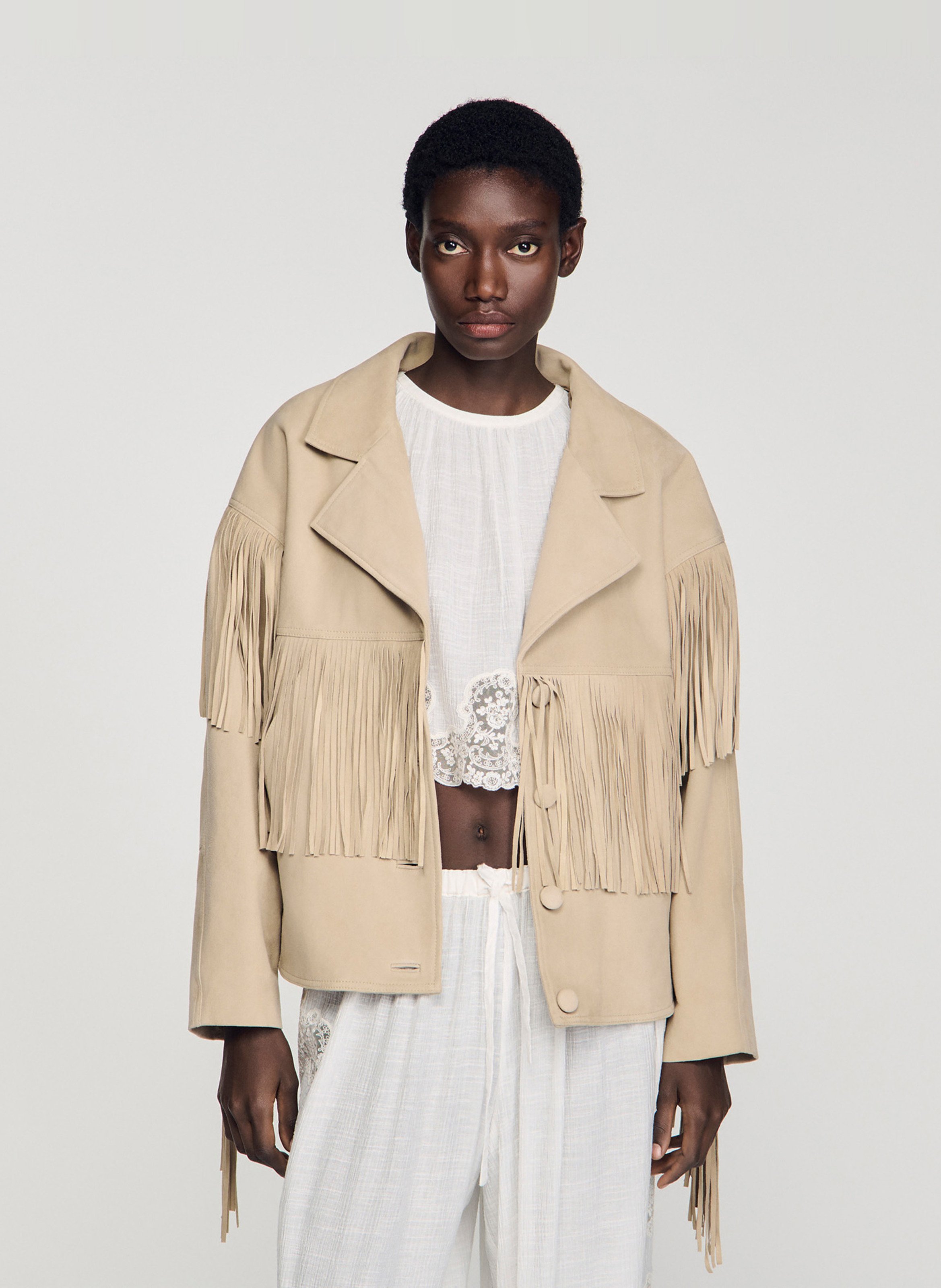 Blouson oversize à franges en suède  SANDRO Beige