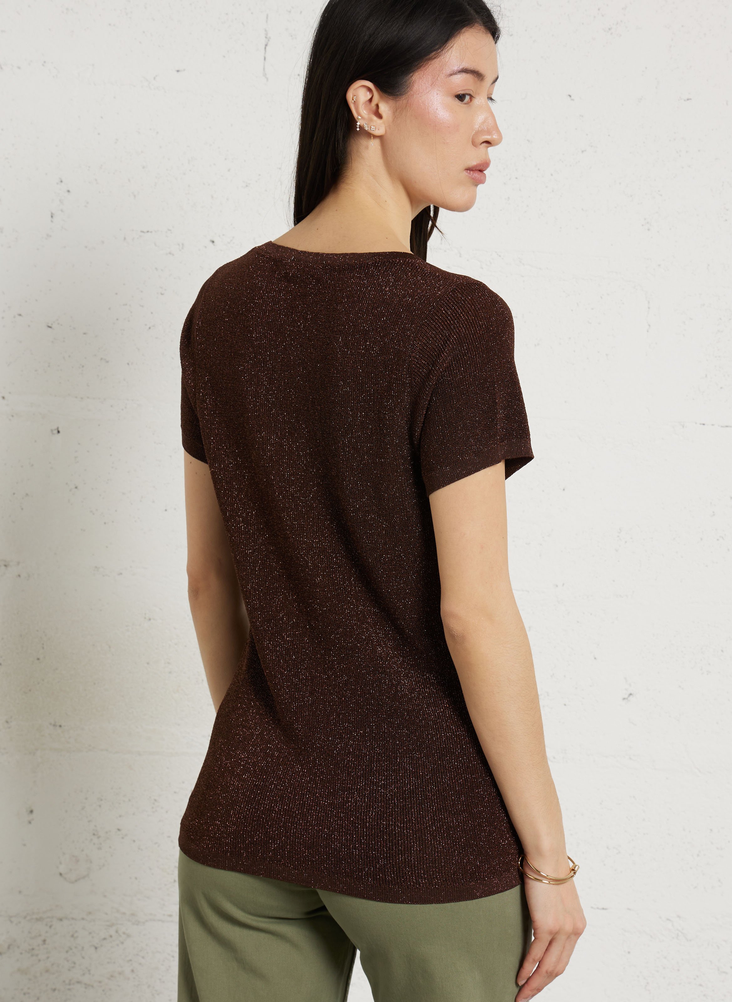 Pull fin droit col rond en maille métallisée LA PETITE ETOILE Marron