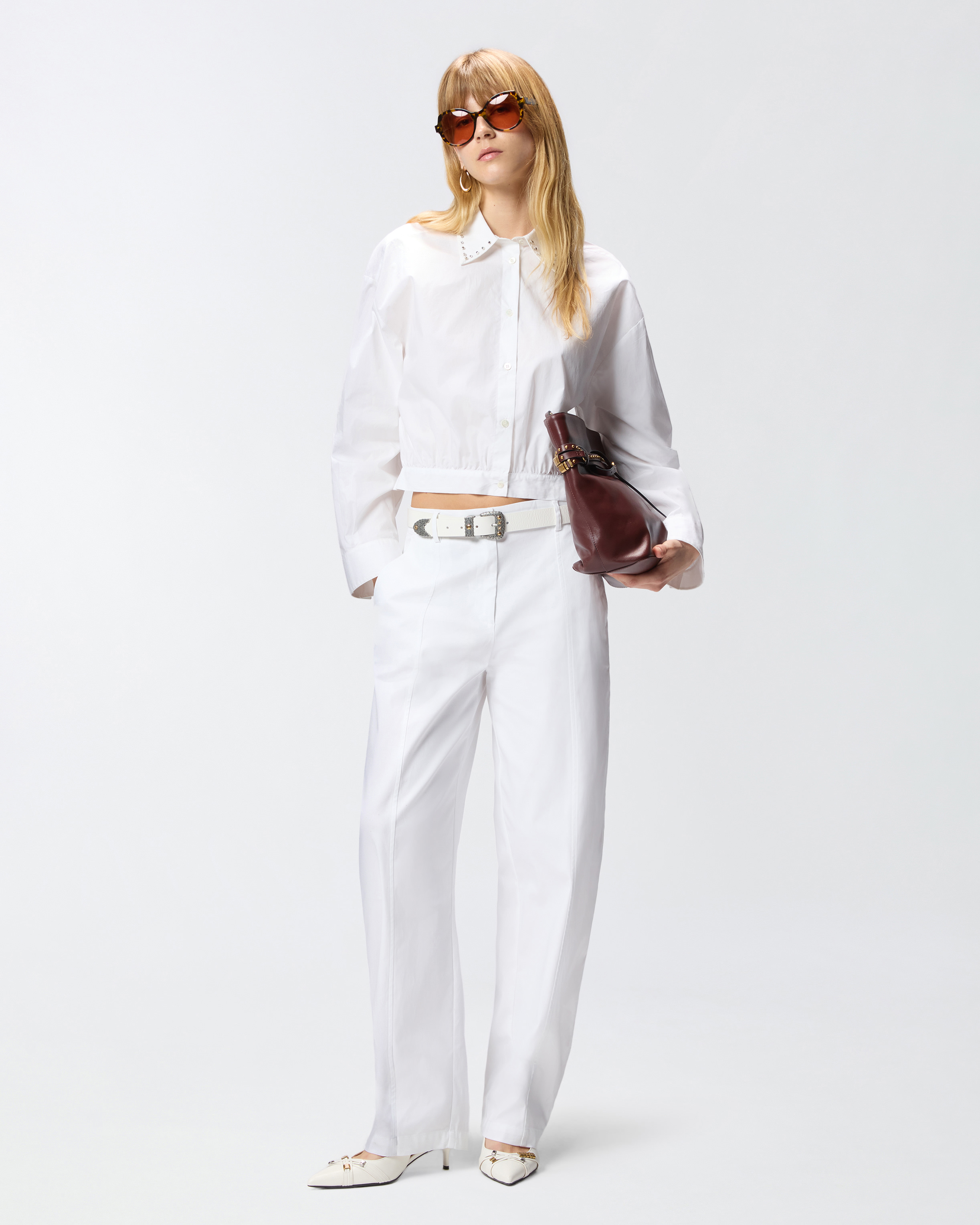 Chemise cropped à col bijou PINKO Blanc