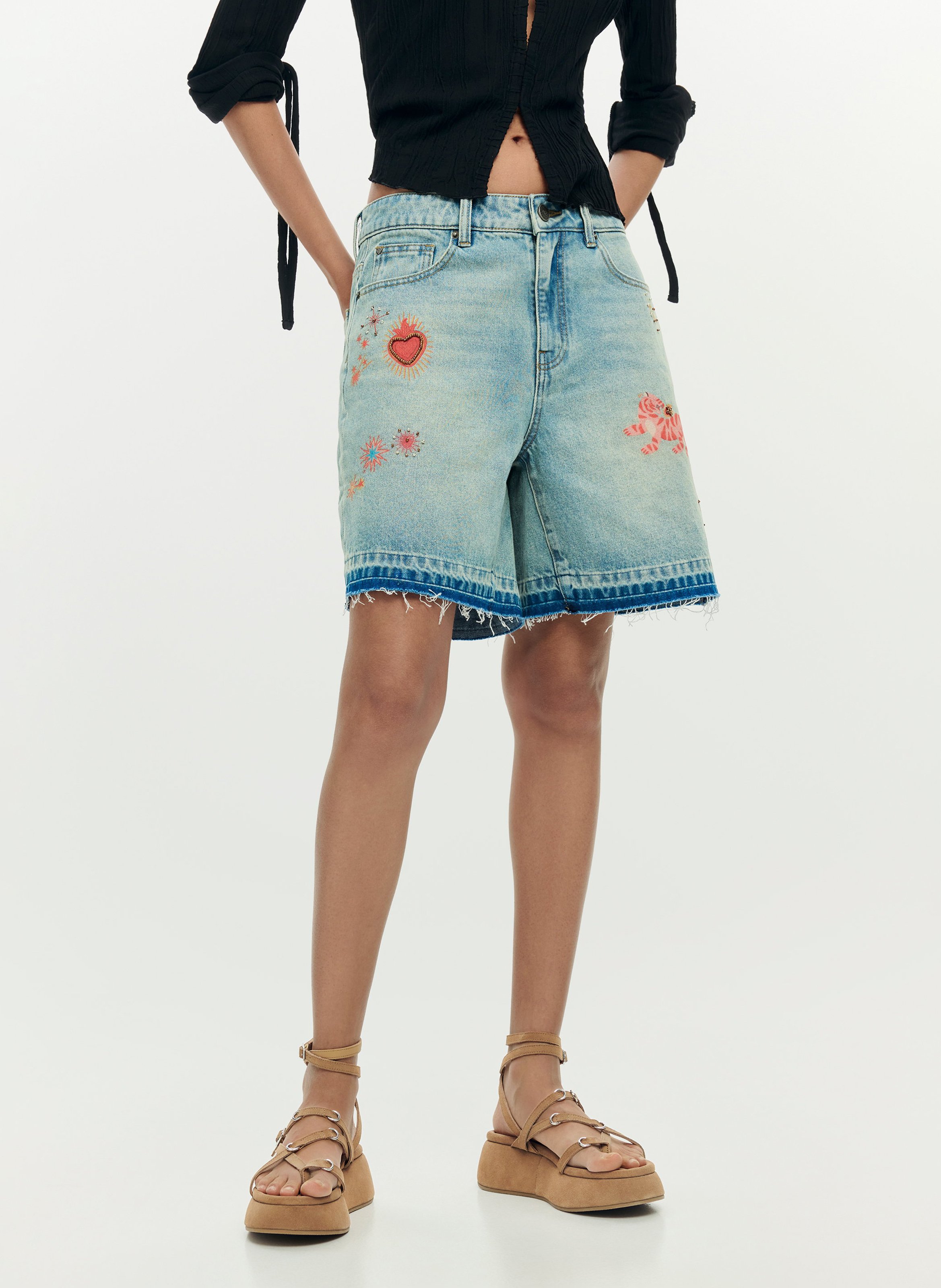 Short droit en coton mélangé brodé DESIGUAL Bleu