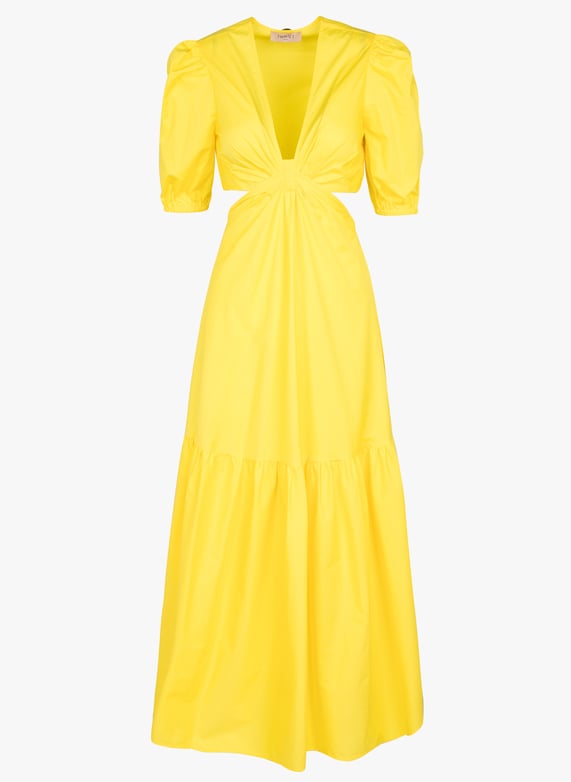 Vestido largo de mezcla de algodón con cuello de pico Amarillo