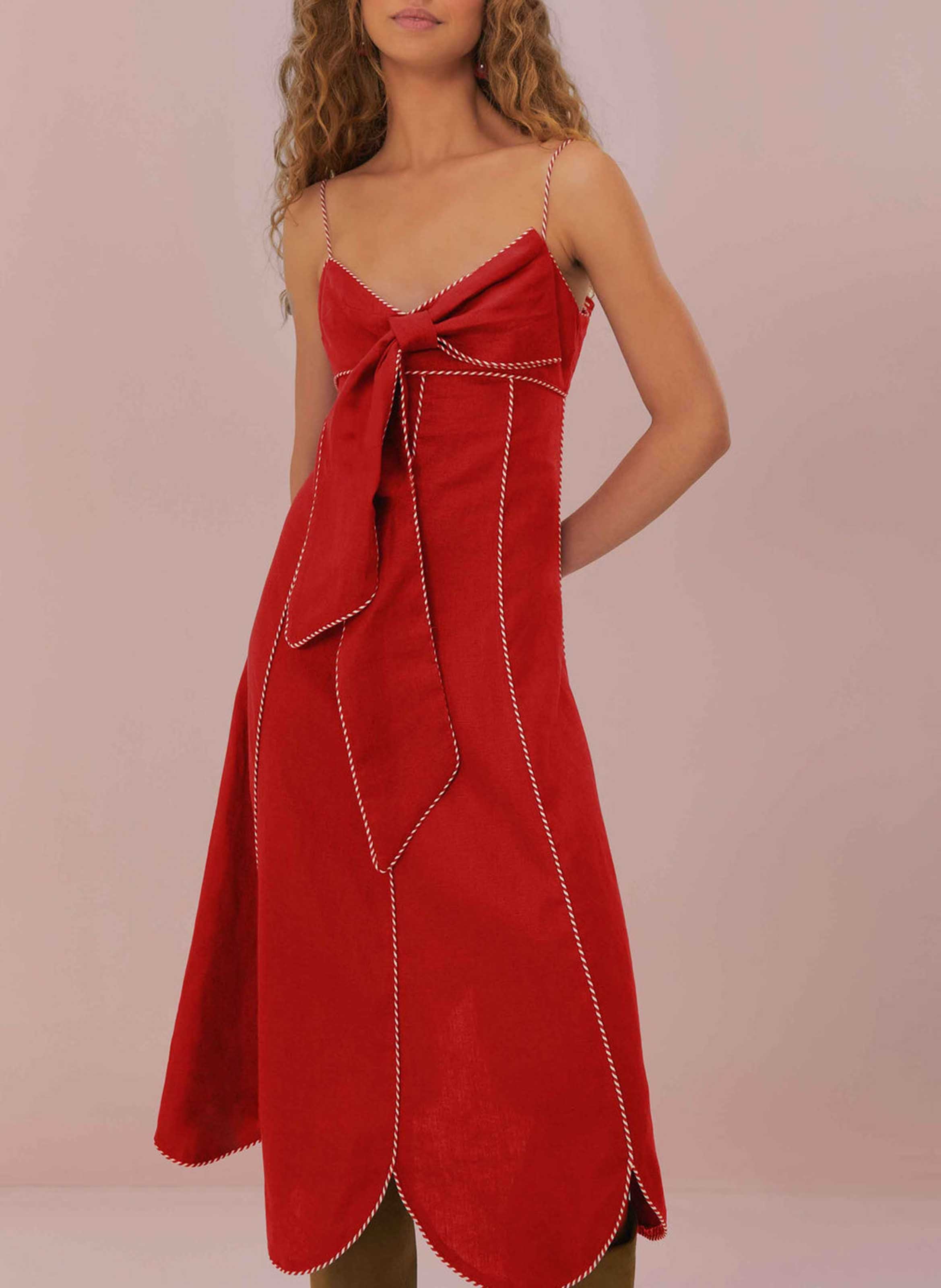 Robe midi col carré en lin FARM RIO Rouge