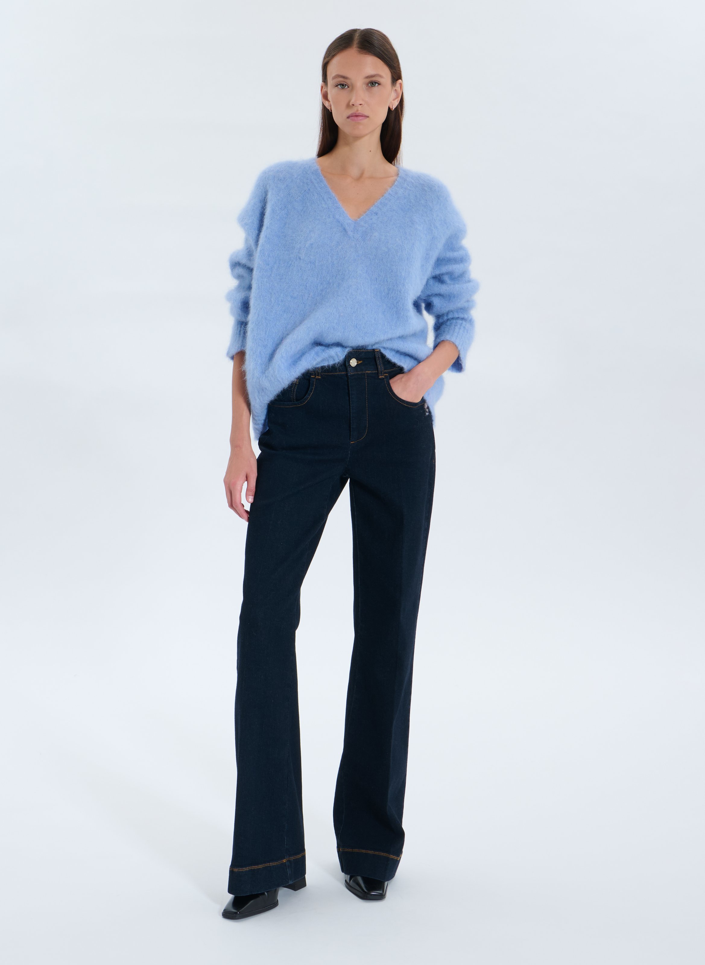 Oversized trui van tricotmix met V-hals ZAPA Blauw