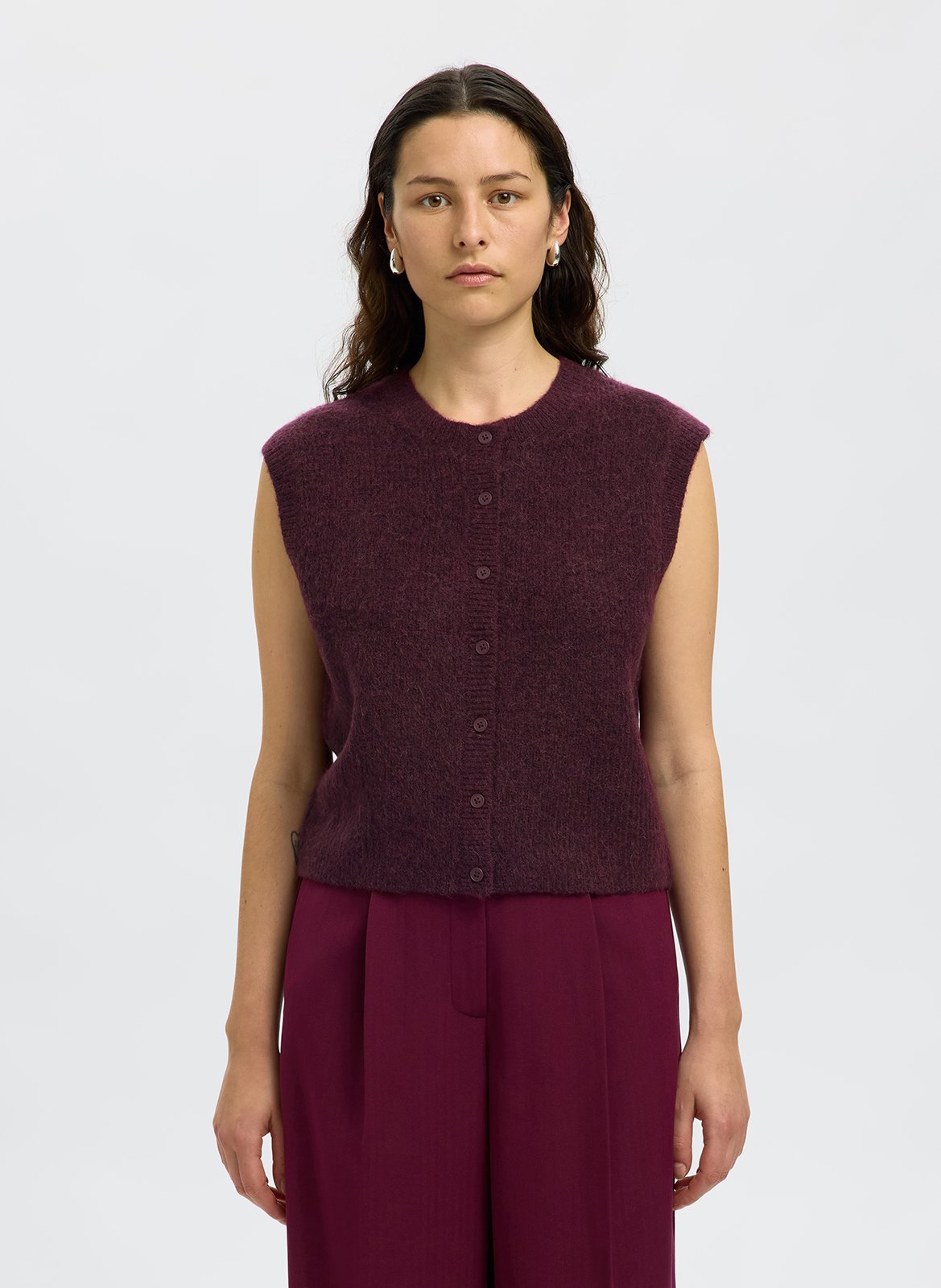 Cardigan droit col rond en laine mélangée SELECTED Prune