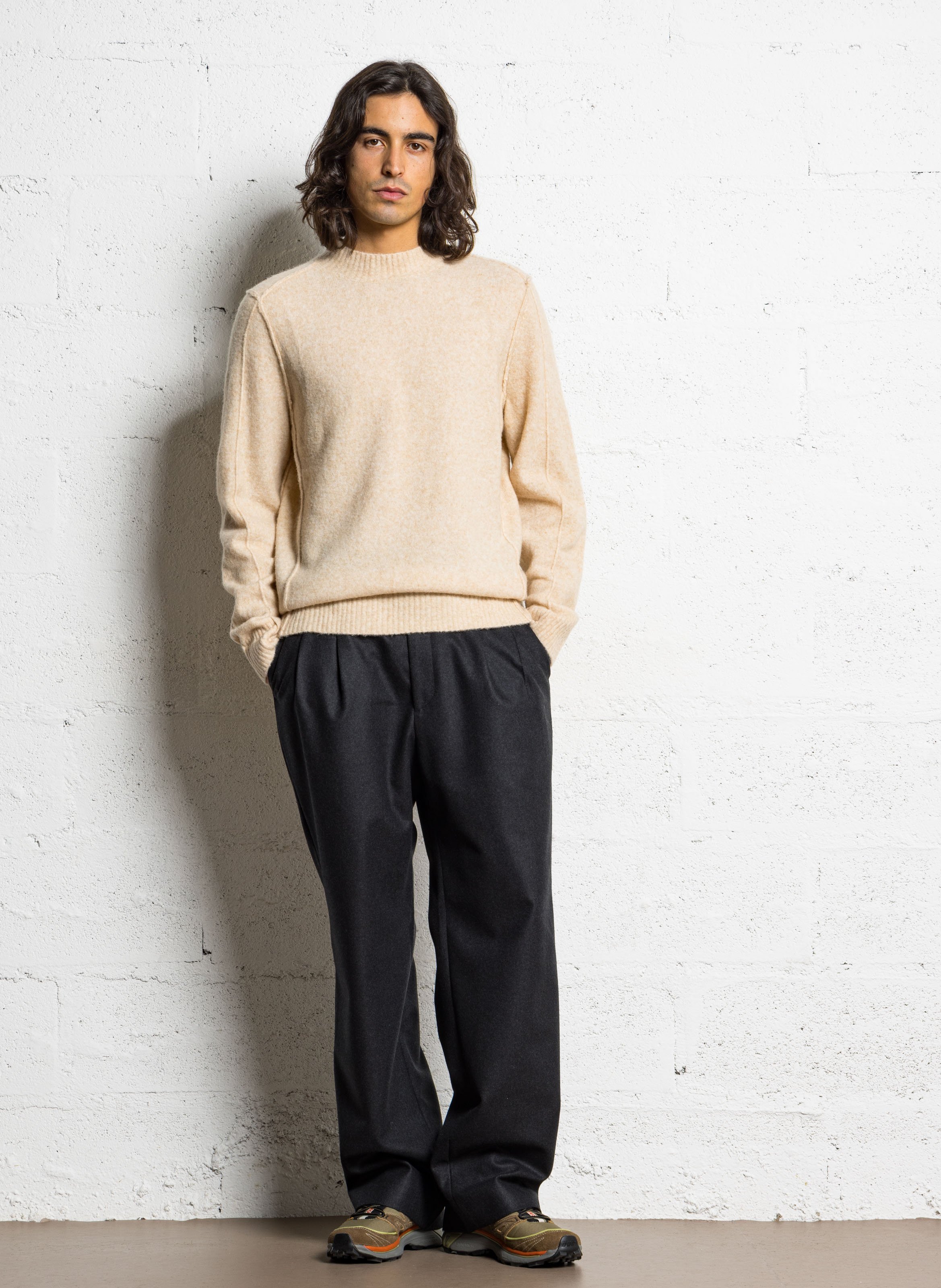 Round-neck mixed-knit straight sweater MINIMUM Beige