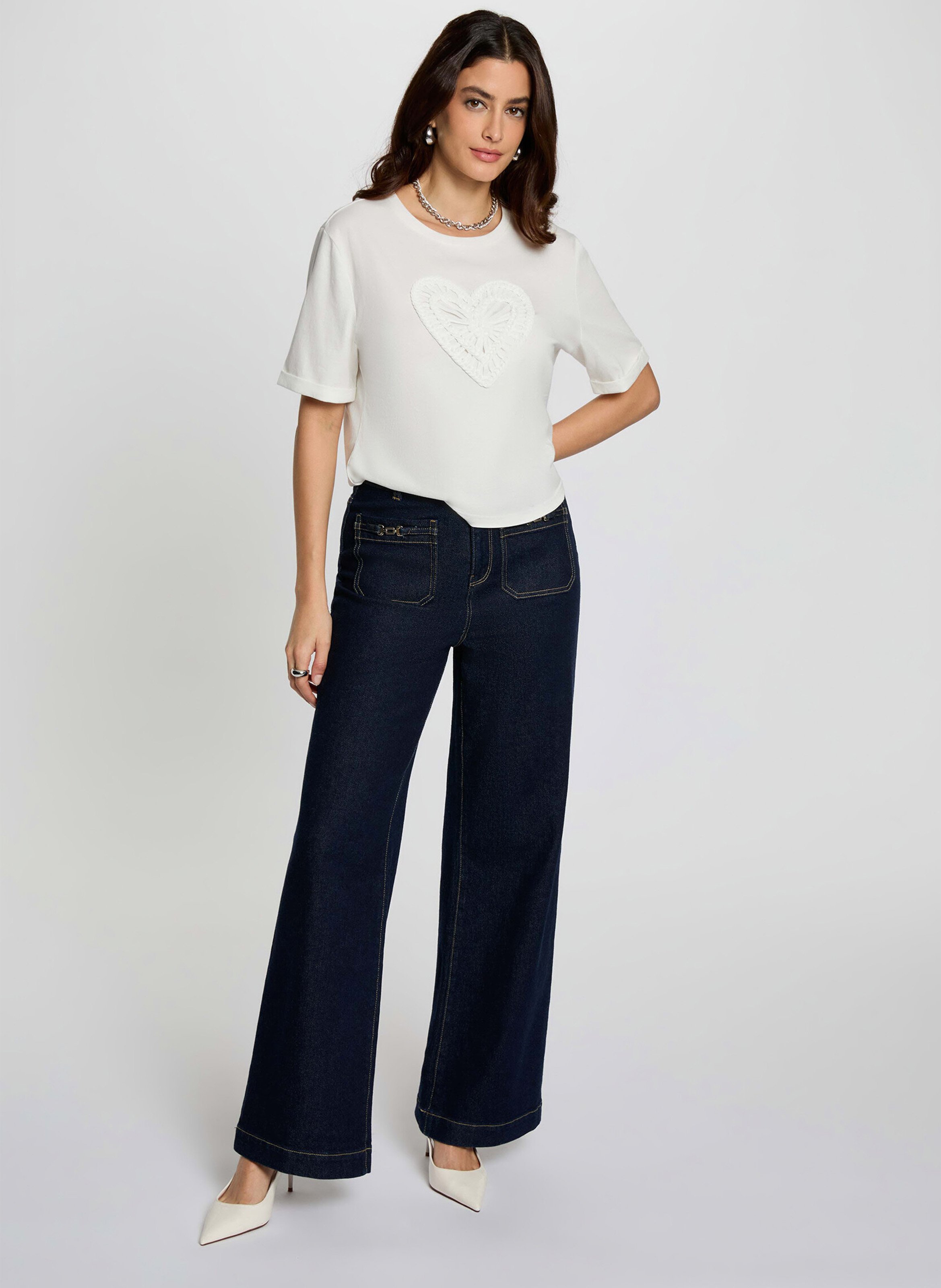 T-shirt met korte mouwen en hartborduursels MORGAN Wit